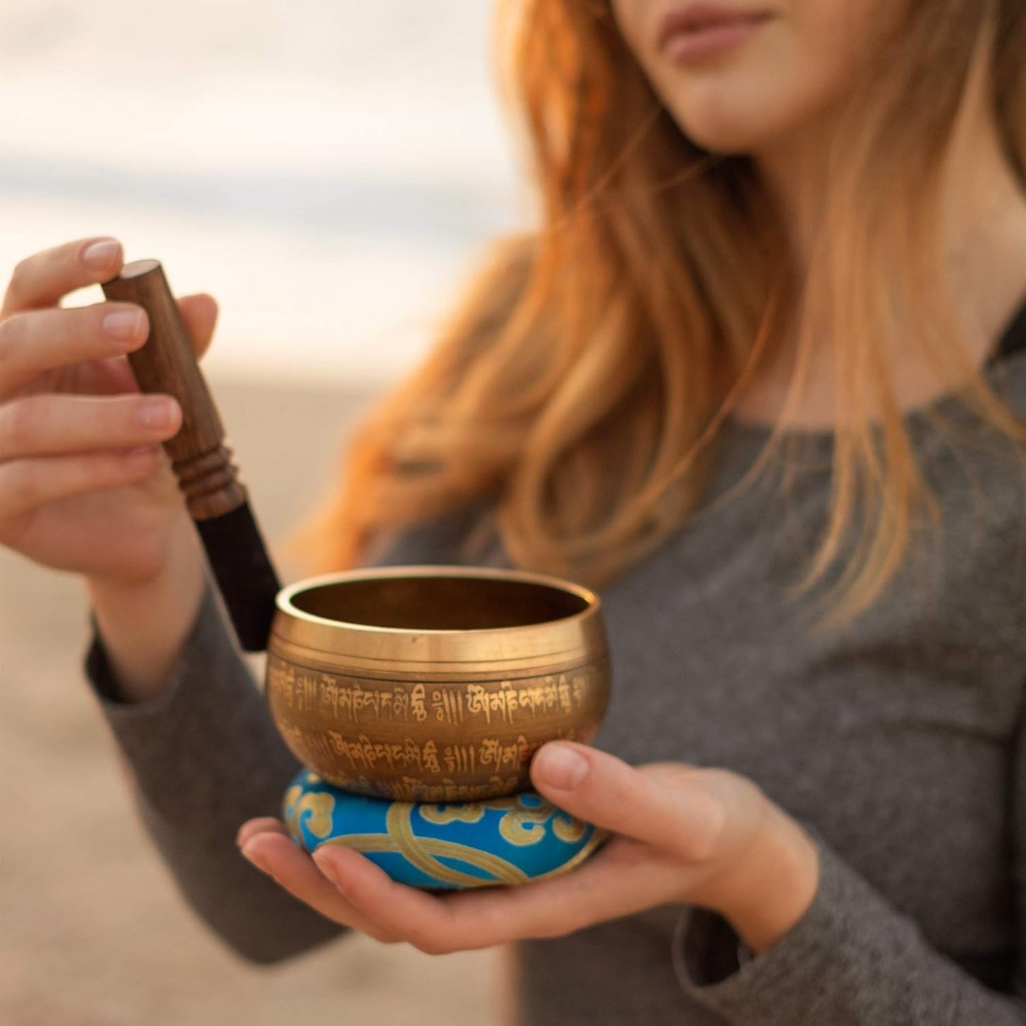 Tibetan Singing Bowl Set — with Striker, Ring Silk Cushion for Meditation, Healing, Yoga, Chakra and Music Handcrafted in Nepal — 4 Buddha Design Turquoise