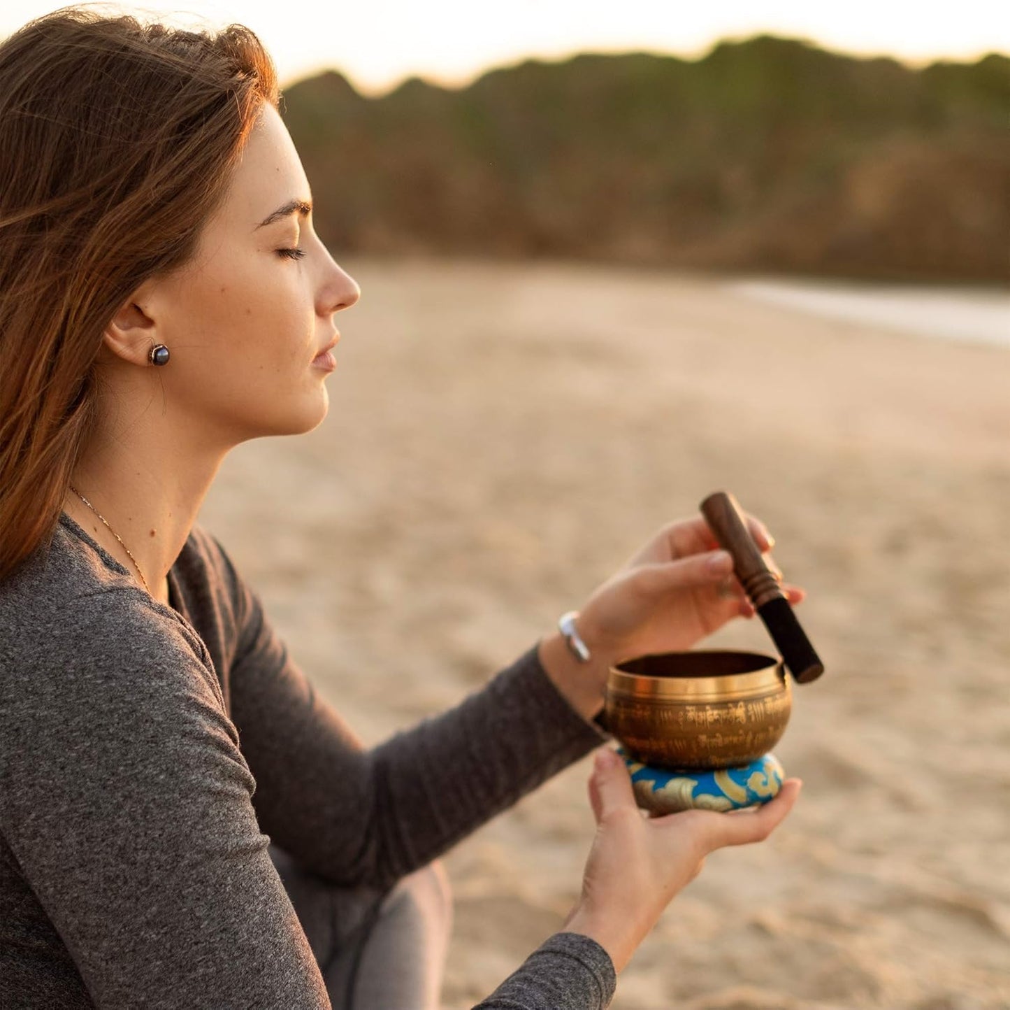 Tibetan Singing Bowl Set — with Striker, Ring Silk Cushion for Meditation, Healing, Yoga, Chakra and Music Handcrafted in Nepal — 4 Buddha Design Turquoise