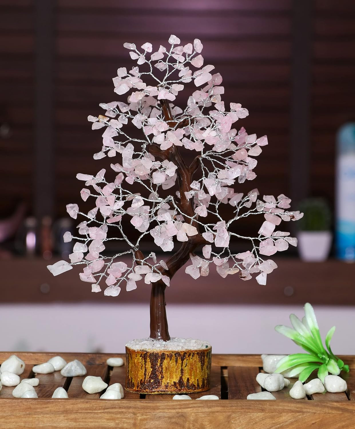 Rose Quartz Gemstone Tree Crystal of Life Prosperity Stone Feng Shui Tree Handmade Gift for Home Office Decorations Ornament Silver Wire 10-12 Inch