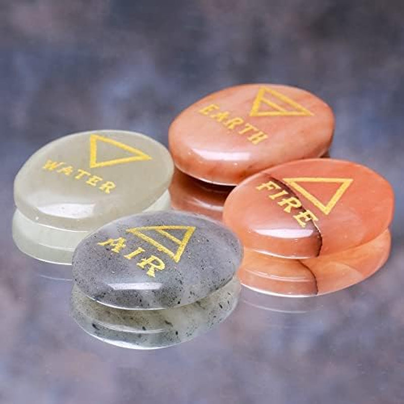 4 Elements Assorted Stones Engraved Triangle Symbols (Earth Air Fire Water) Polished Palm Stones for Gemstone Reiki Crystals Healing