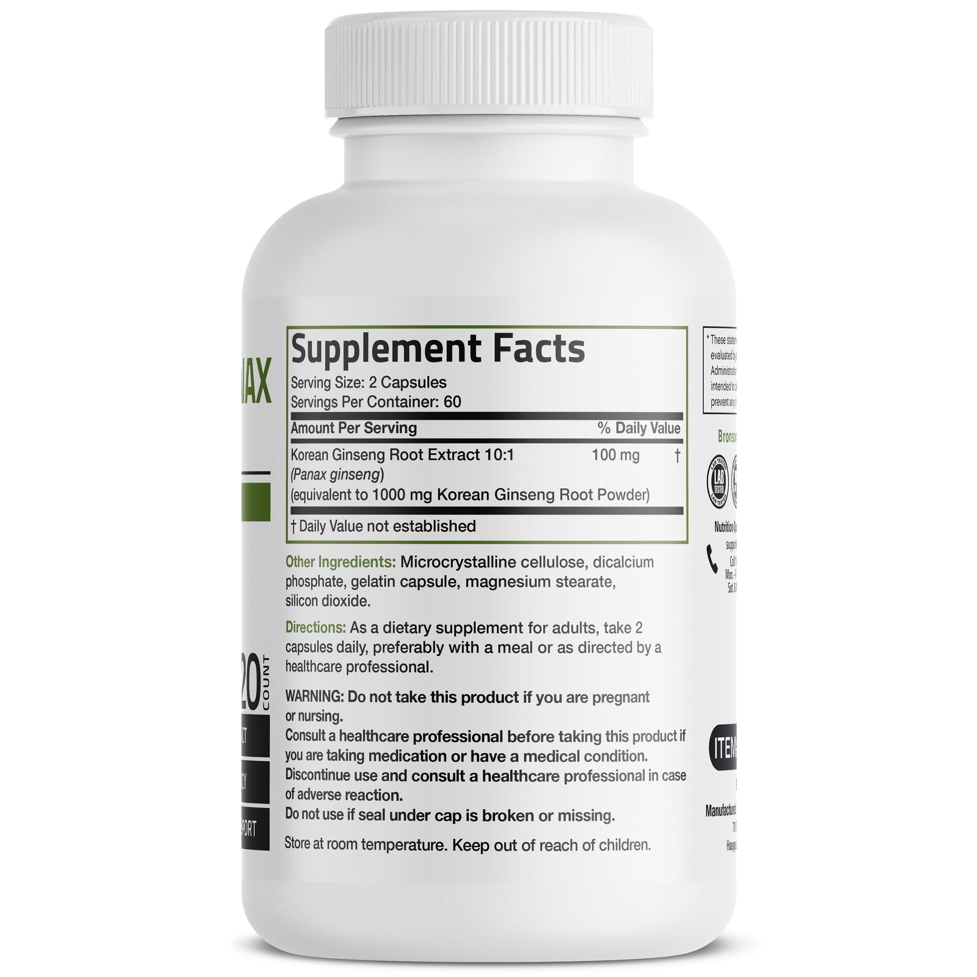 Korean Panax Ginseng 1000 Mg Supports Energy, Endurance & Vitality + Memory and Mental Performance, 120 Capsules