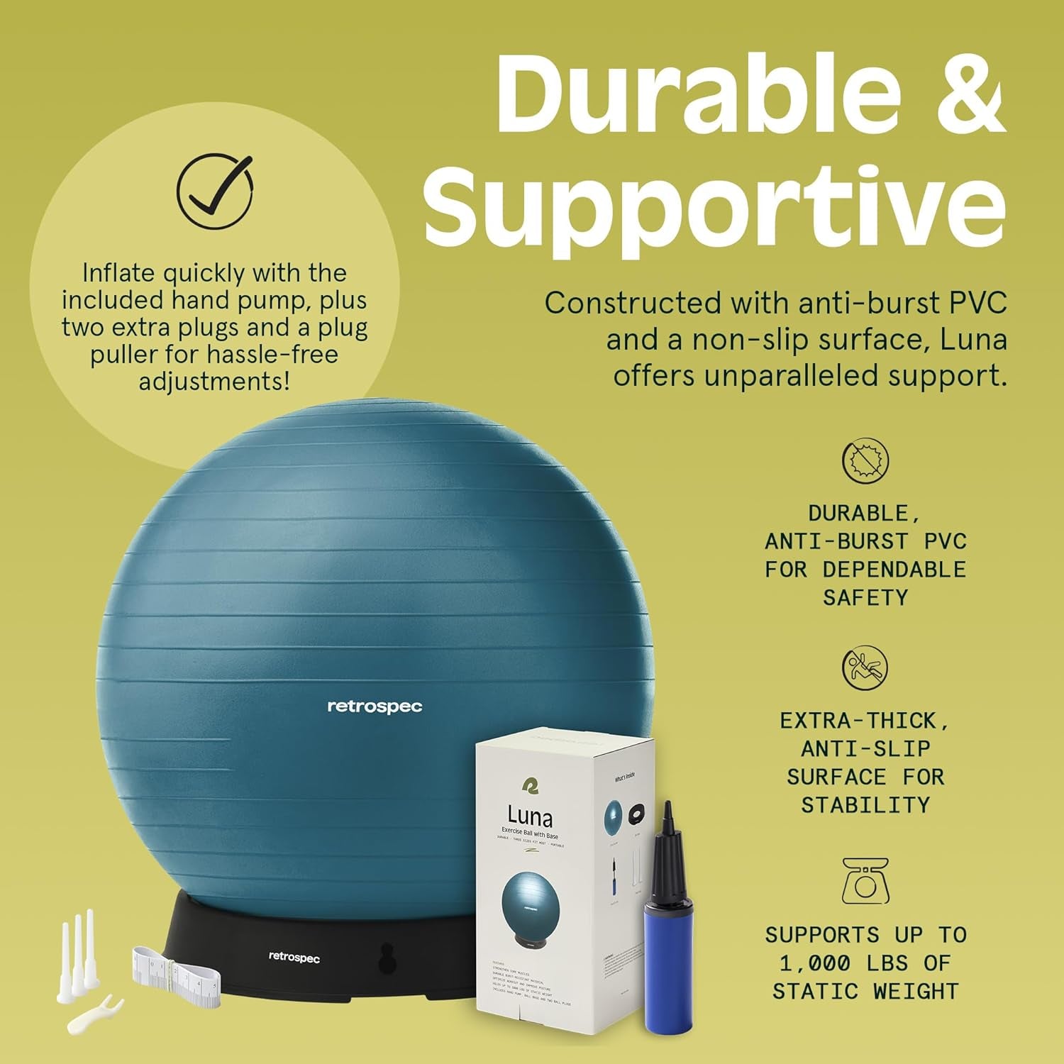Luna Exercise Ball with Pump - Anti-Burst Fitness Equipment for Yoga, Core Training & Stability - Home Gym Swiss Ball for Office & Pregnancy
