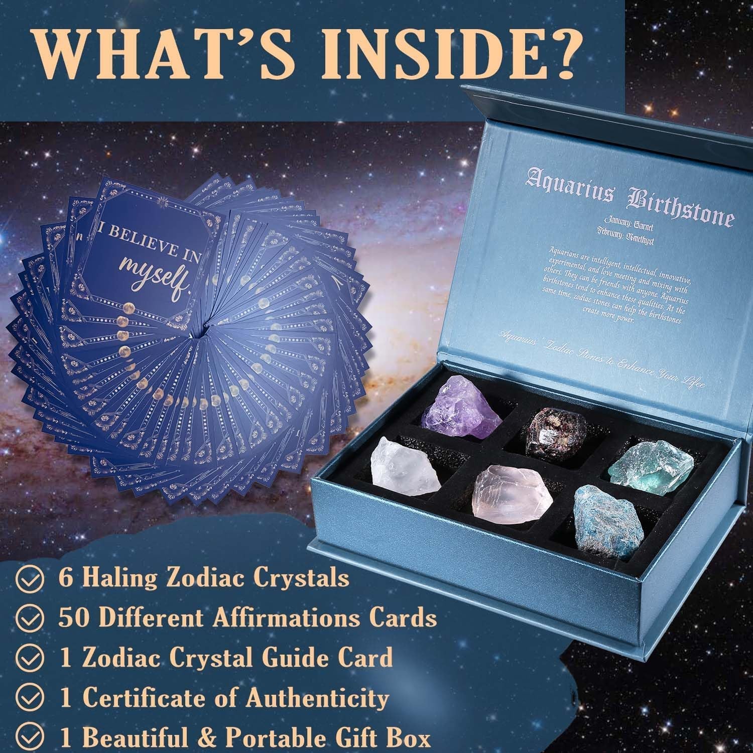 Aquarius Birthday Crystals Gifts - W/50 Daily Affirmations Cards and 6 Healing Crystals Natural Stones, Positive Affirmations with Inspirational Quotes, Spiritual Gifts for Women