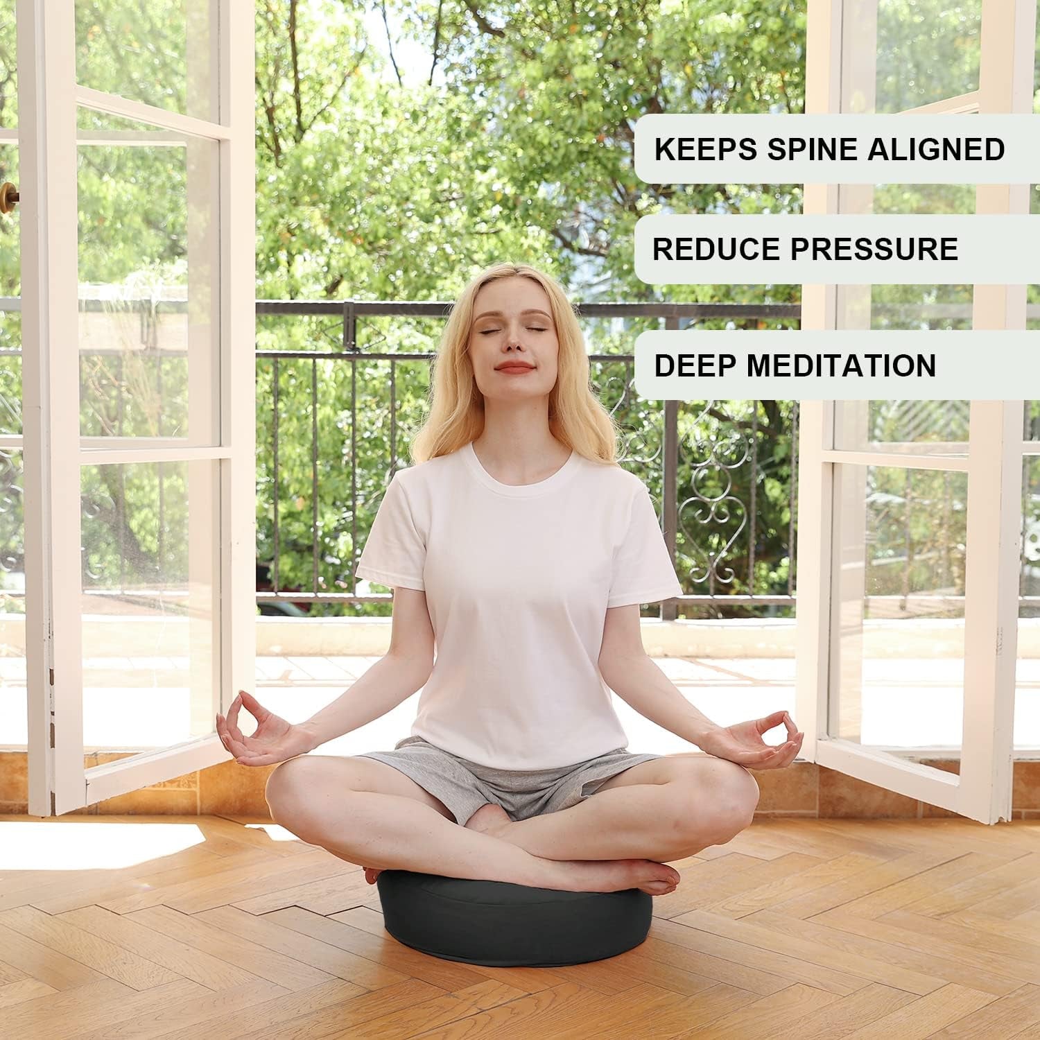 Meditation Cushion with Two Velvet Covers, 16 * 16 * 5.9 Inches, Filled with Buckwheat - round Yoga Bolster (Black)