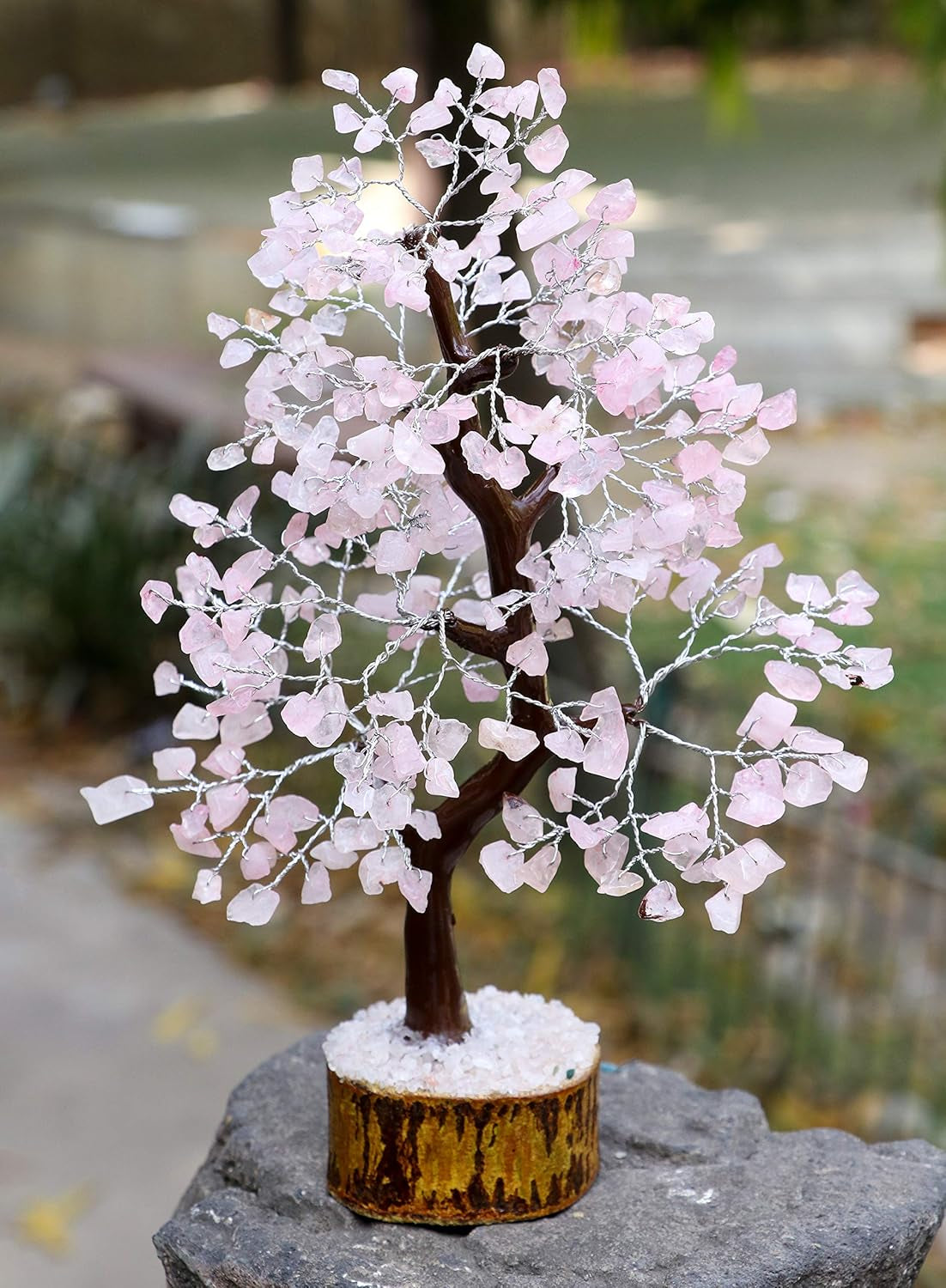 Rose Quartz Gemstone Tree Crystal of Life Prosperity Stone Feng Shui Tree Handmade Gift for Home Office Decorations Ornament Silver Wire 10-12 Inch