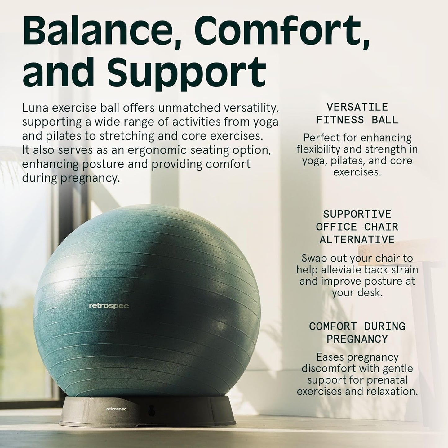 Luna Exercise Ball with Pump - Anti-Burst Fitness Equipment for Yoga, Core Training & Stability - Home Gym Swiss Ball for Office & Pregnancy