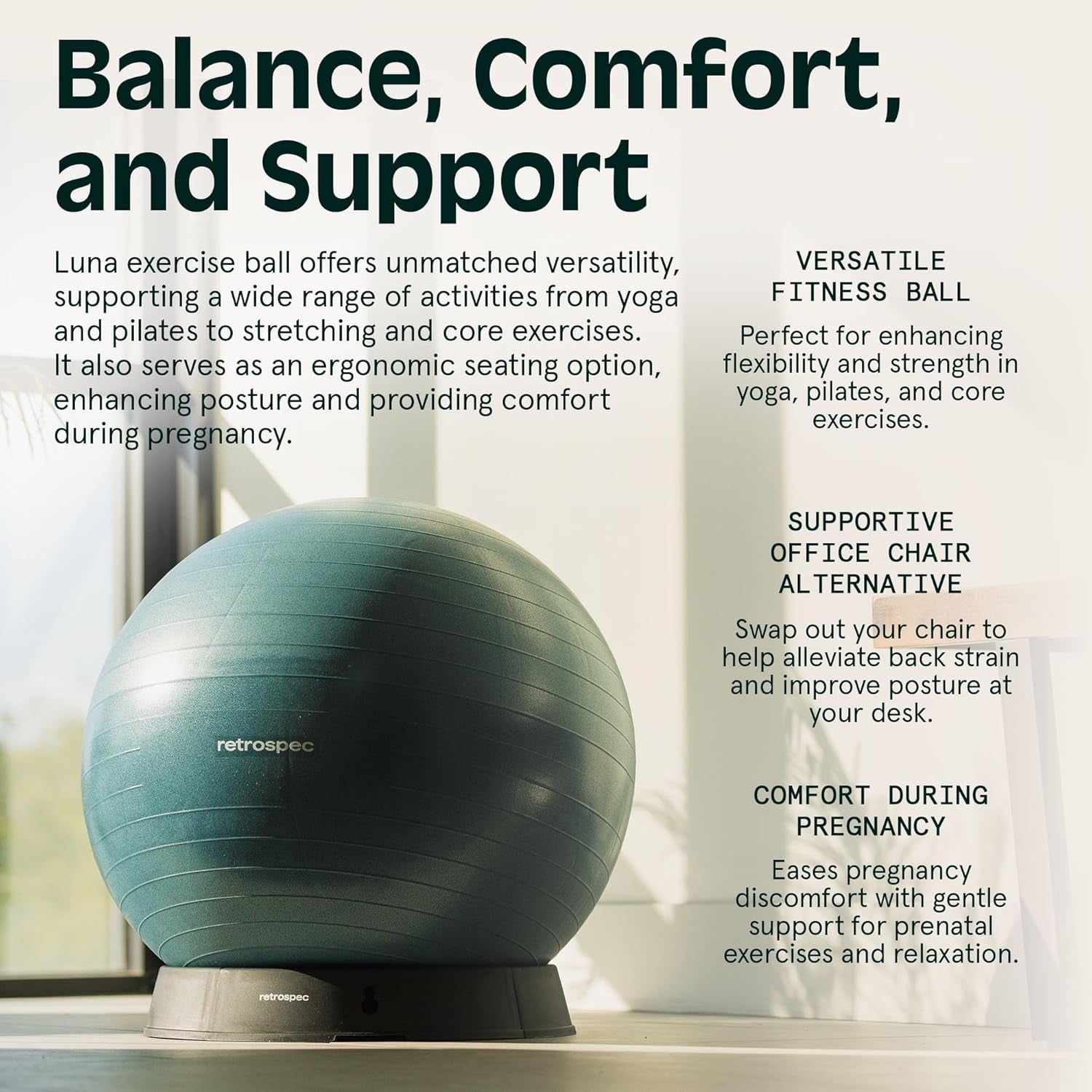 Luna Exercise Ball with Pump - Anti-Burst Fitness Equipment for Yoga, Core Training & Stability - Home Gym Swiss Ball for Office & Pregnancy