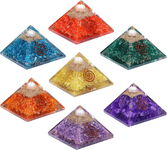 Seven Colors Orgone Pyramids White Pearl Stone Copper Spiral Set of 7 Healing Orgonite Gemstone Pyramid Reiki Crystal Chakra Organite Size 2 Inch Each.