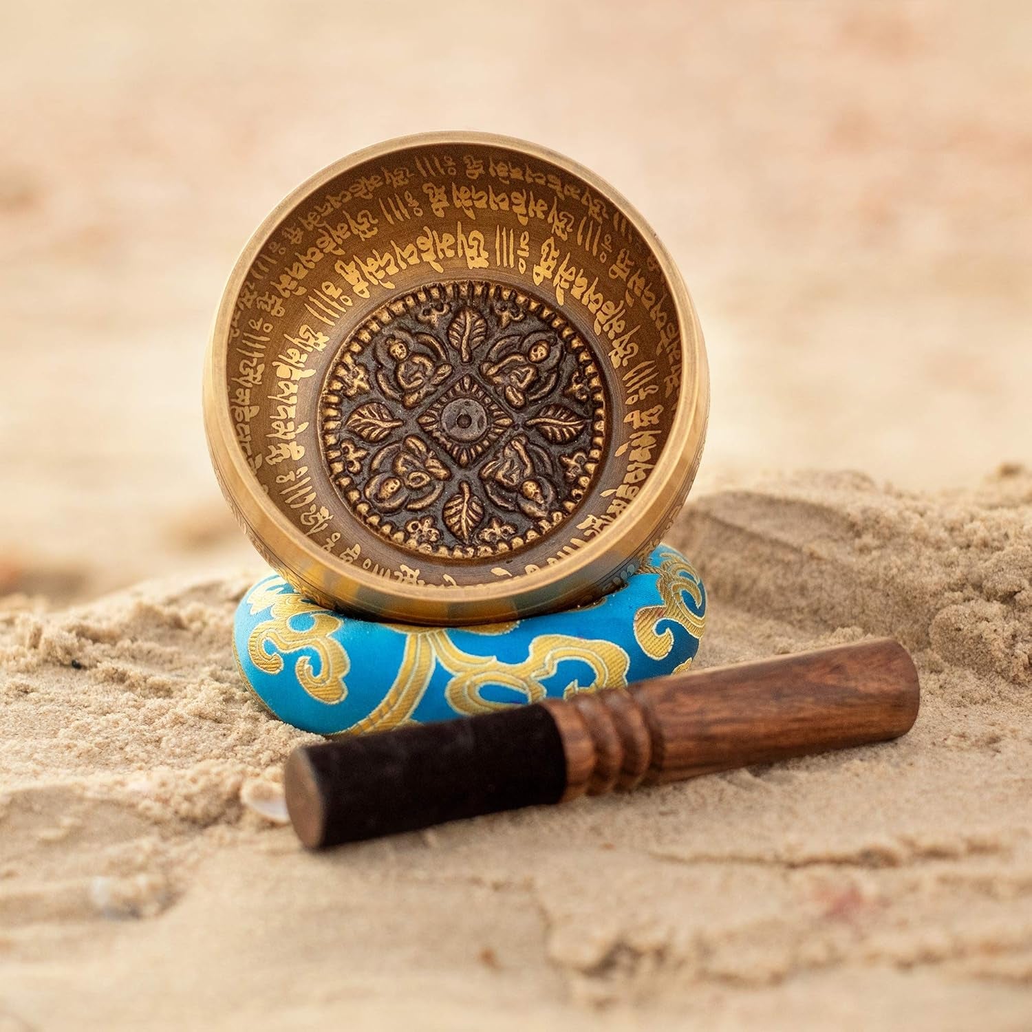 Tibetan Singing Bowl Set — with Striker, Ring Silk Cushion for Meditation, Healing, Yoga, Chakra and Music Handcrafted in Nepal — 4 Buddha Design Turquoise