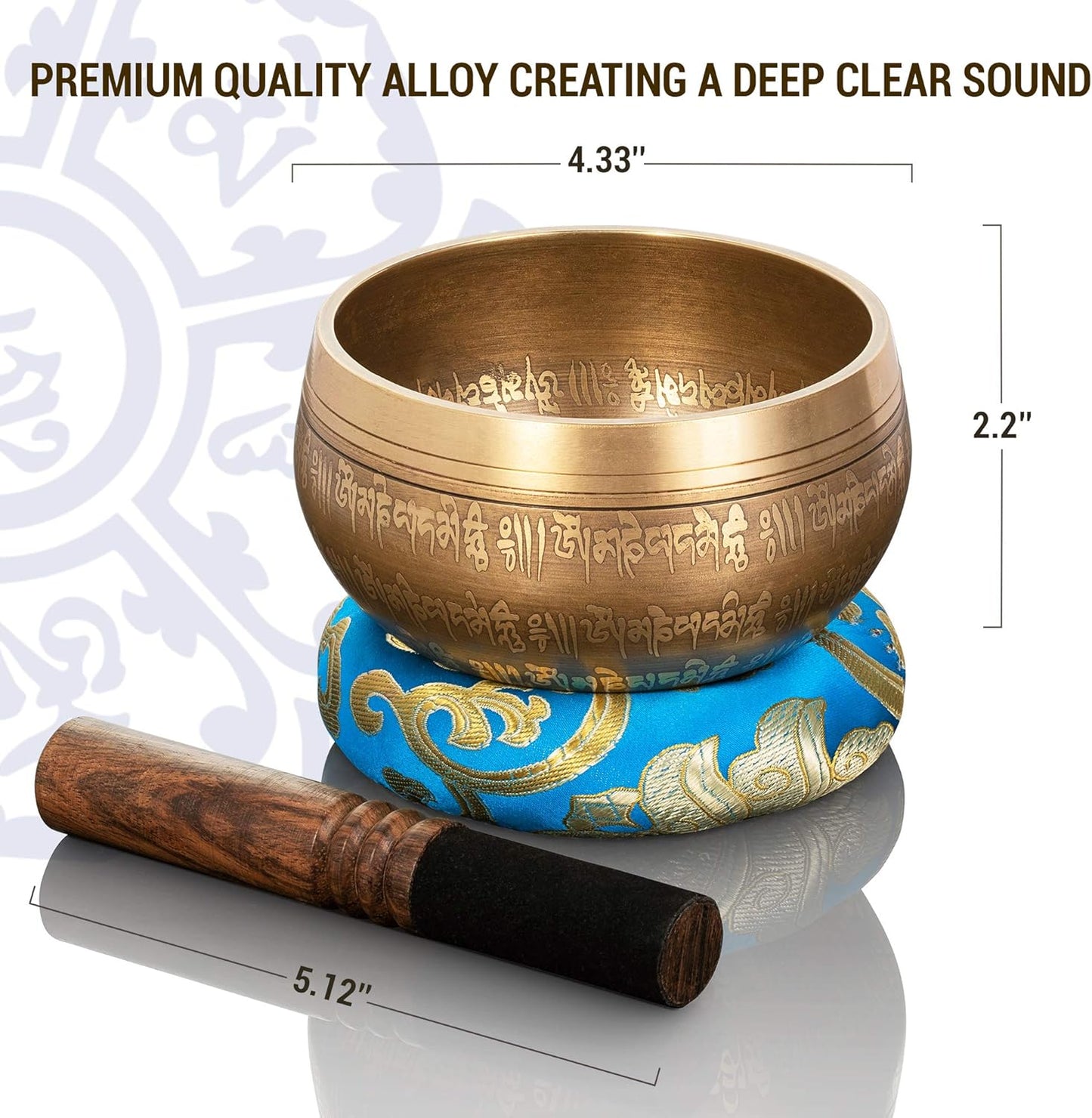 Tibetan Singing Bowl Set — with Striker, Ring Silk Cushion for Meditation, Healing, Yoga, Chakra and Music Handcrafted in Nepal — 4 Buddha Design Turquoise