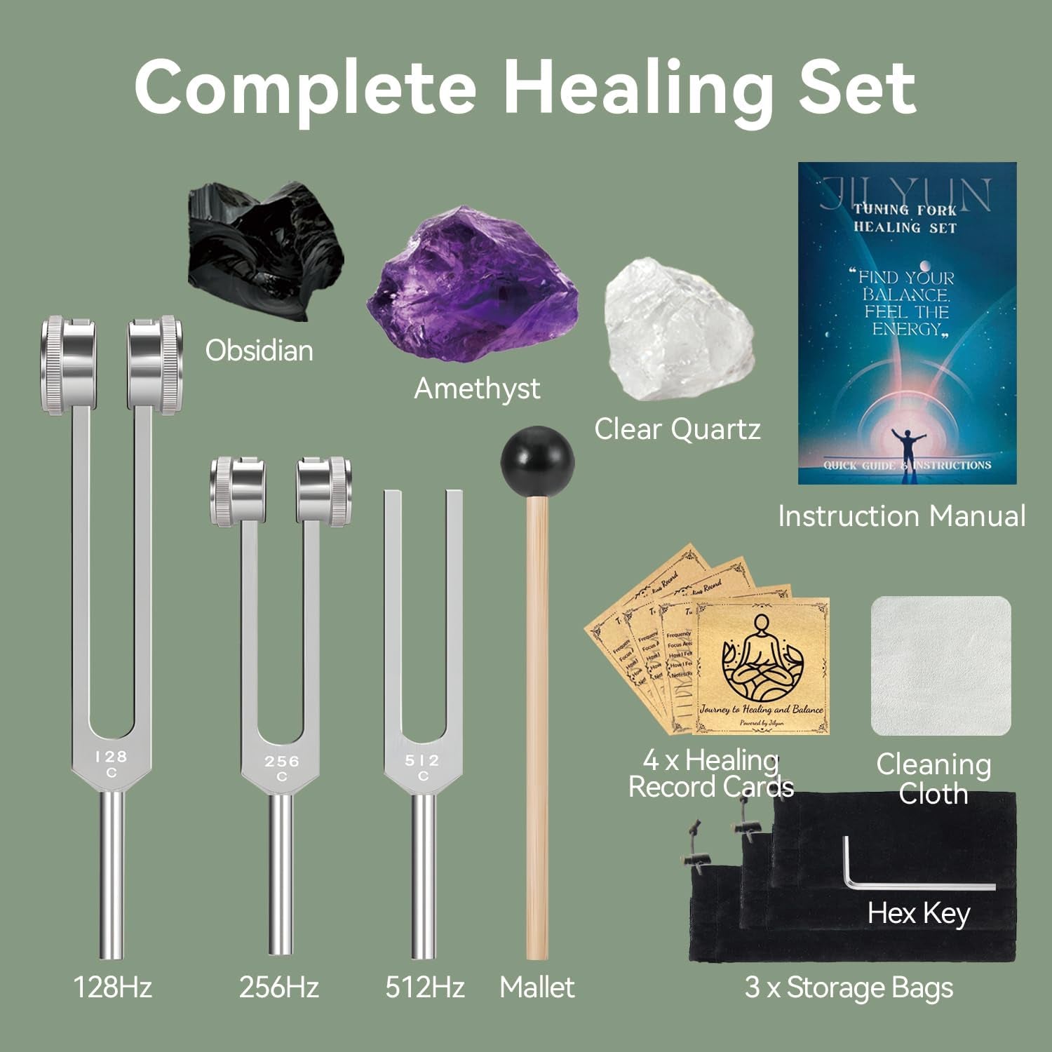 Tuning Forks for Healing (128Hz, 256Hz, 512Hz)- Weighted & Unweighted Sound Healing Instruments for Yoga, Meditation & Chakra Balancing - with Obsidian, Amethyst & Clear Quartz Crystals, Gift Box