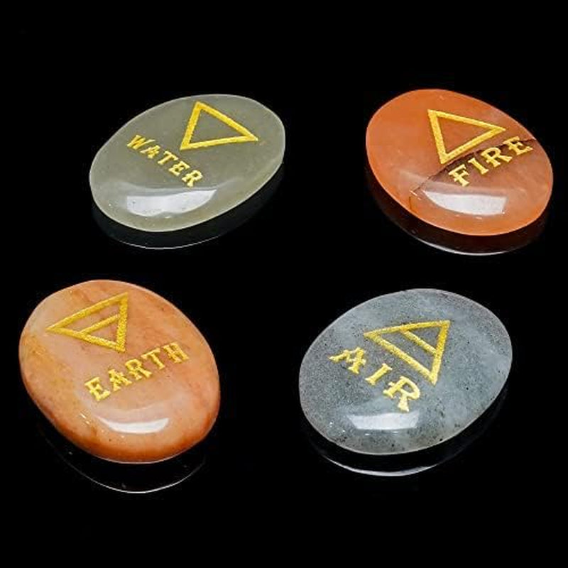 4 Elements Assorted Stones Engraved Triangle Symbols (Earth Air Fire Water) Polished Palm Stones for Gemstone Reiki Crystals Healing