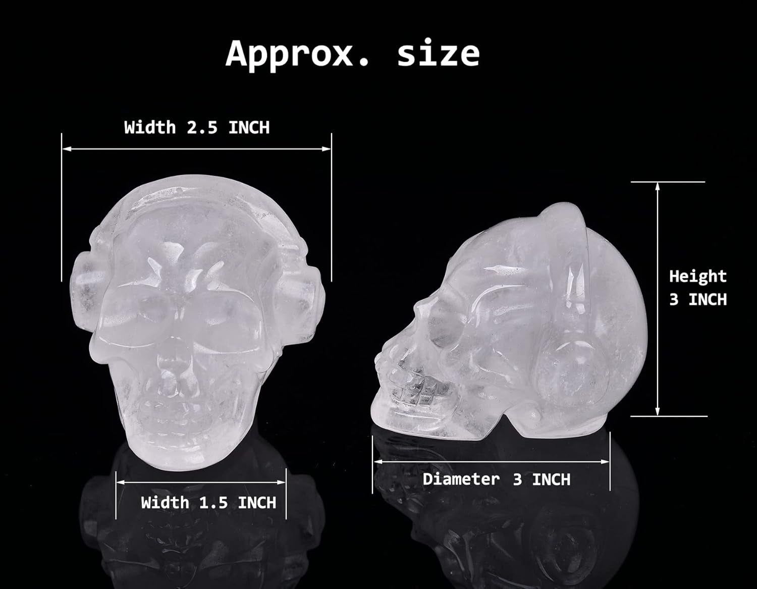 Large Crystal Skull 3" Single Clear Quartz Head Skull Carving Music Shaped Gemstone Healing Reiki Figurine Collectible