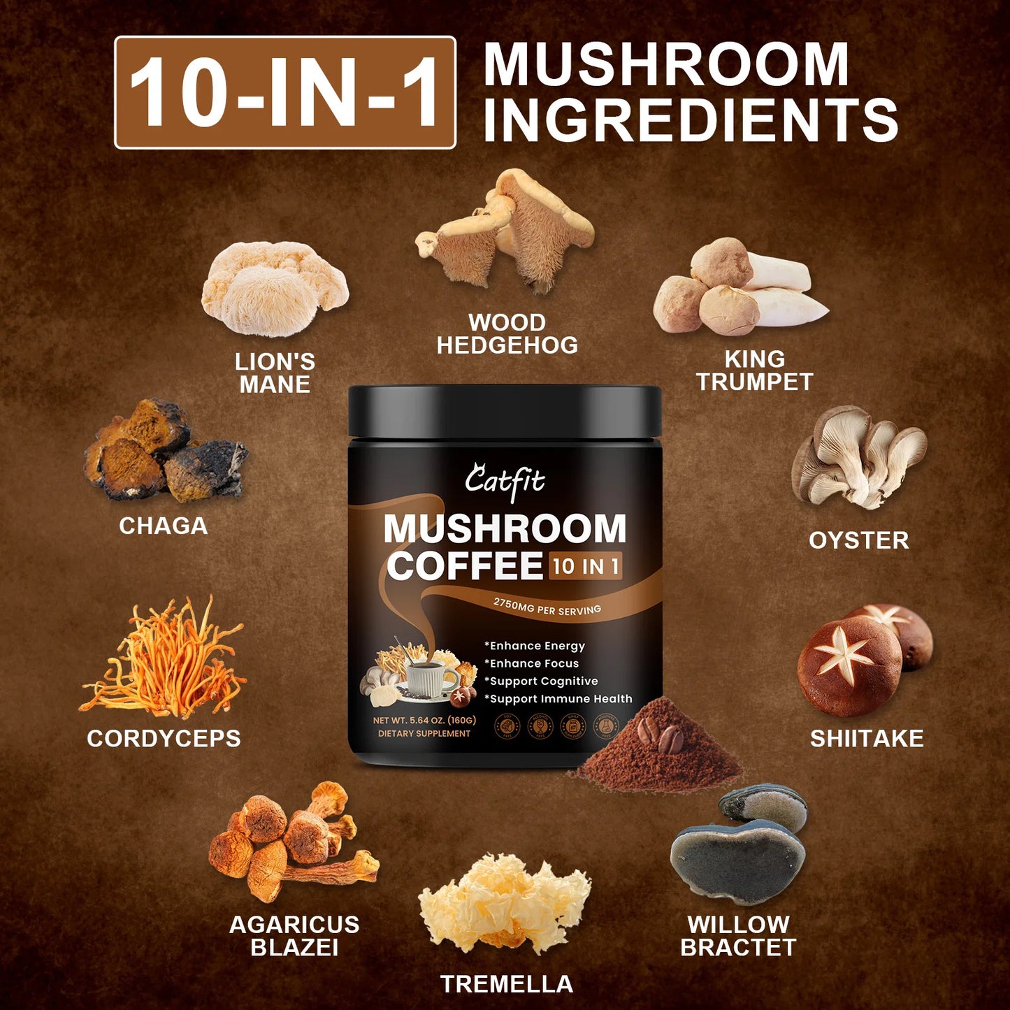 (2 Pack) Mushroom Coffee Powder 2750 Mg, 10-In-1 Mushroom Complex Supplement 160G (5.64 Oz), by