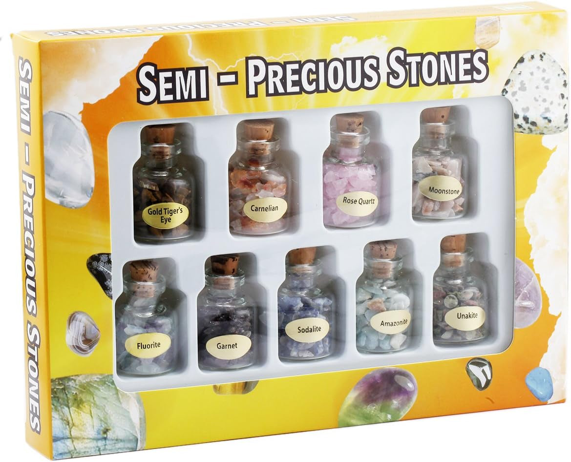 9 Mini Gemstone Bottles Chip Crystal Healing Tumbled Gem Reiki Wicca Stones Set