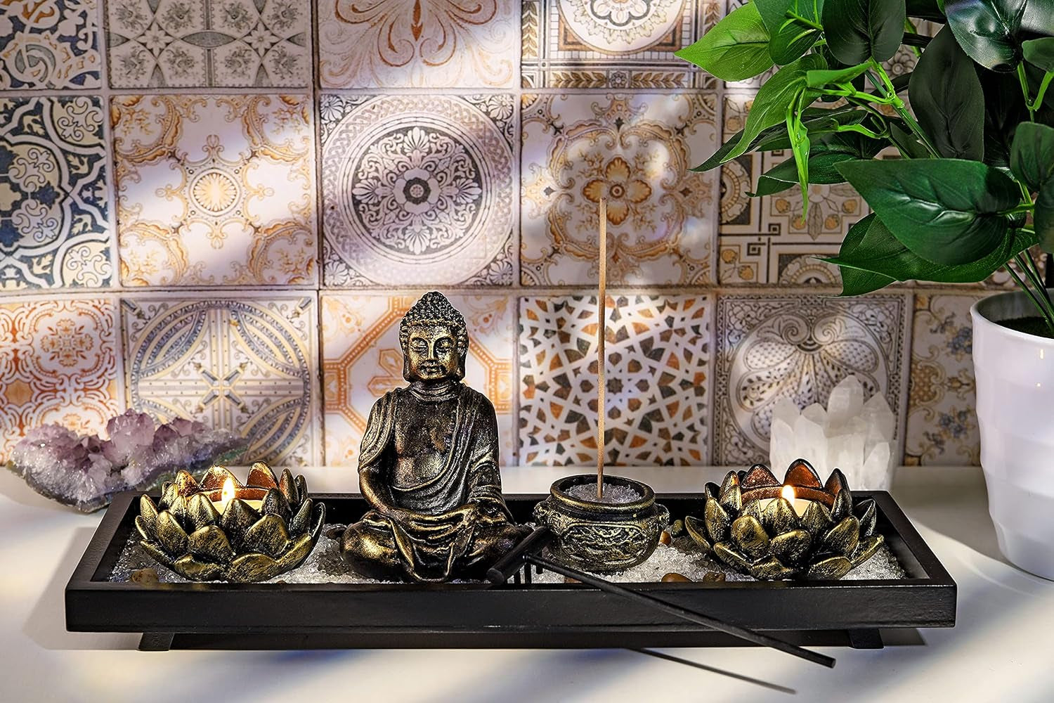 Meditation Zen Garden Set with Buddha Satue, Lotus Tea Light Candle Holder, Incense Burner Holder Tabletop Zen Garden Gift for Home Decor