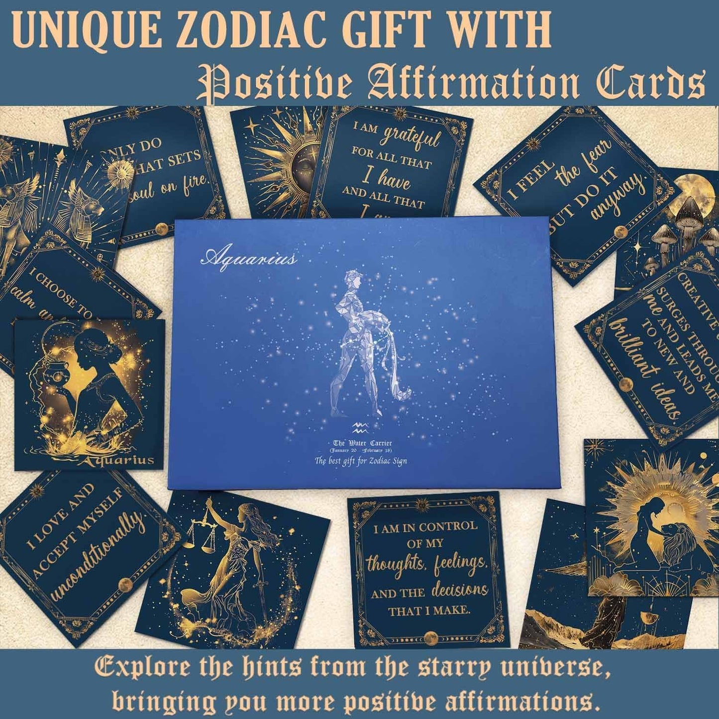 Aquarius Birthday Crystals Gifts - W/50 Daily Affirmations Cards and 6 Healing Crystals Natural Stones, Positive Affirmations with Inspirational Quotes, Spiritual Gifts for Women