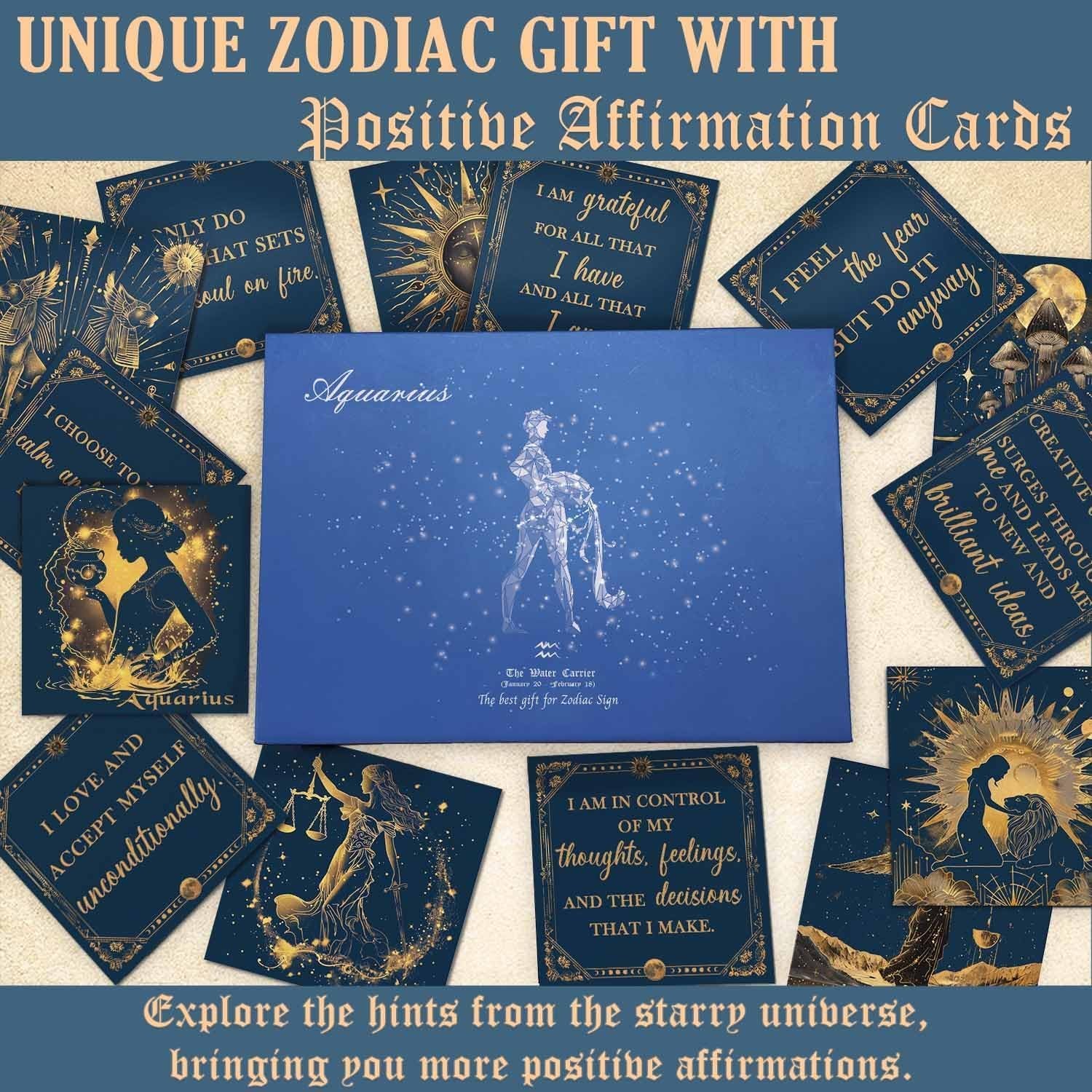 Aquarius Birthday Crystals Gifts - W/50 Daily Affirmations Cards and 6 Healing Crystals Natural Stones, Positive Affirmations with Inspirational Quotes, Spiritual Gifts for Women