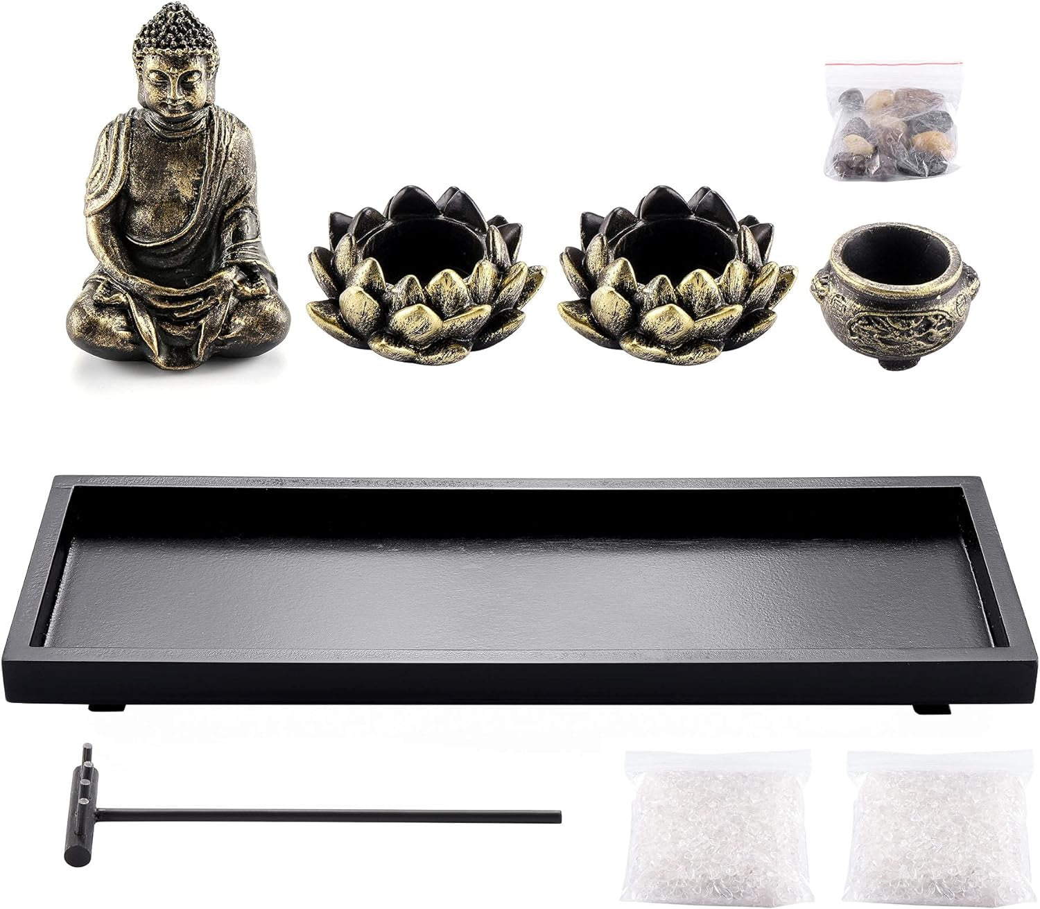 Meditation Zen Garden Set with Buddha Satue, Lotus Tea Light Candle Holder, Incense Burner Holder Tabletop Zen Garden Gift for Home Decor