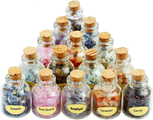 9 Mini Gemstone Bottles Chip Crystal Healing Tumbled Gem Reiki Wicca Stones Set