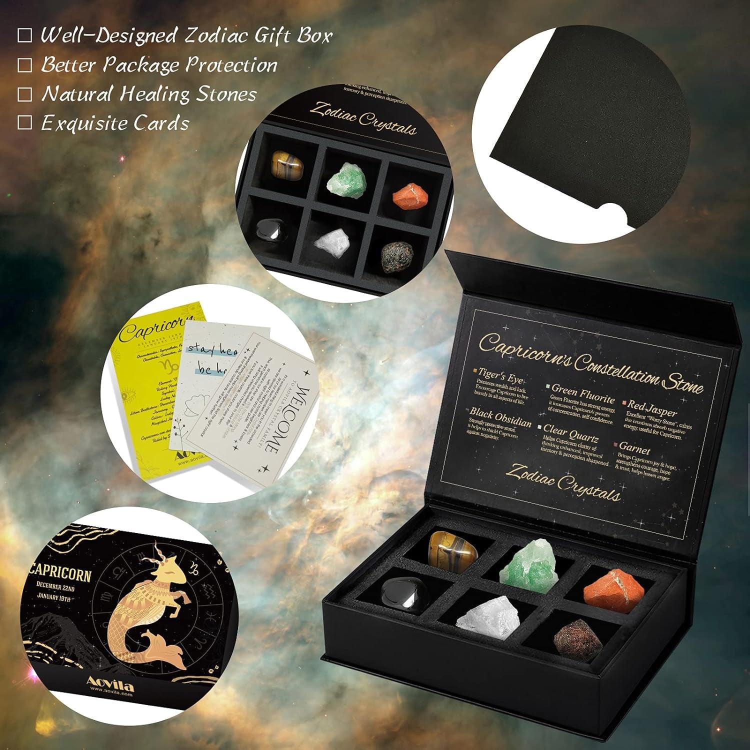 Capricorn Crystals Gift Set, Zodiac Signs Healing Crystals Birthstones with Horoscope Box Set Capricorn Astrology Crystals Healing Stones Gifts