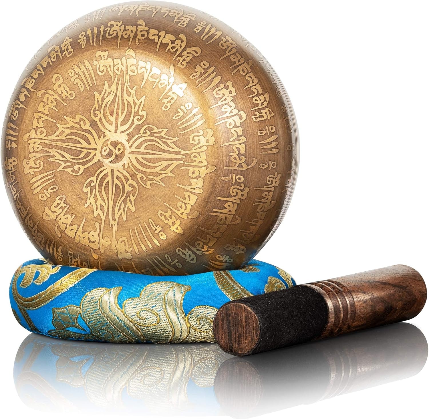 Tibetan Singing Bowl Set — with Striker, Ring Silk Cushion for Meditation, Healing, Yoga, Chakra and Music Handcrafted in Nepal — 4 Buddha Design Turquoise