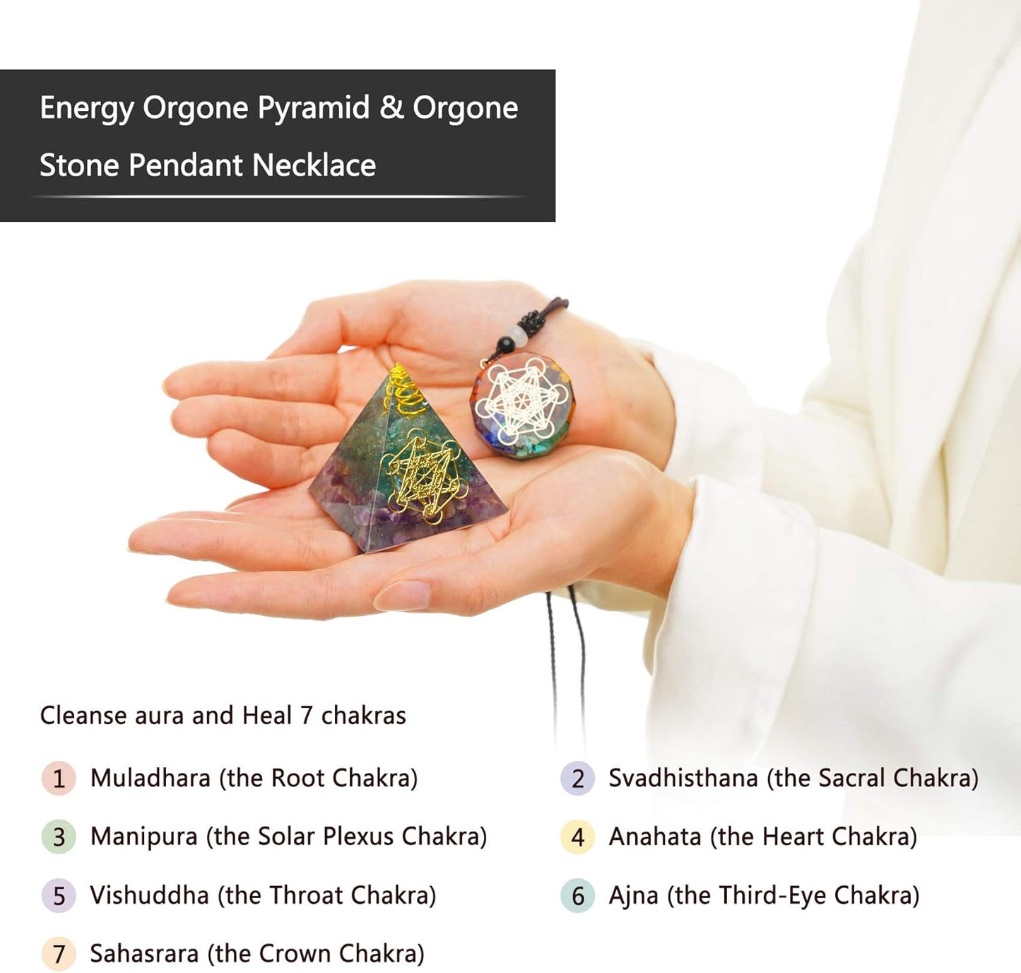 7Pcs Orgone Pyramid Sets for Reducig Stress Healing Meditation Attract Wealth Luck- Includes Protection Crystals Pyramid Energy Generator, Healing Crystal Stones, 7 Chakra Necklace and Money Trees Etc