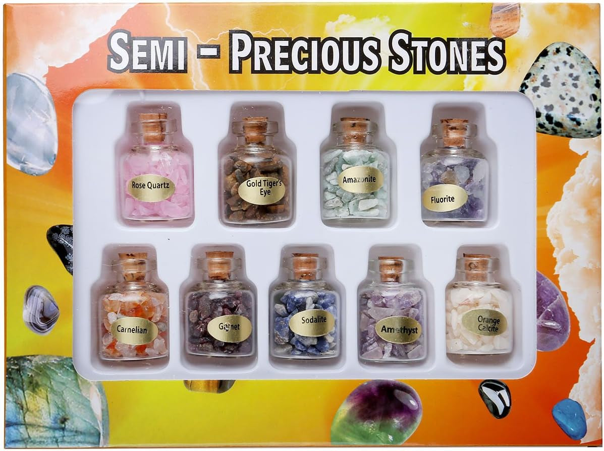 9 Mini Gemstone Bottles Chip Crystal Stones Healing Tumbled Gem Wishing Bottles Reiki Wicca Set for Home Decoration, Chakra Healing, Witchcraft Crystals