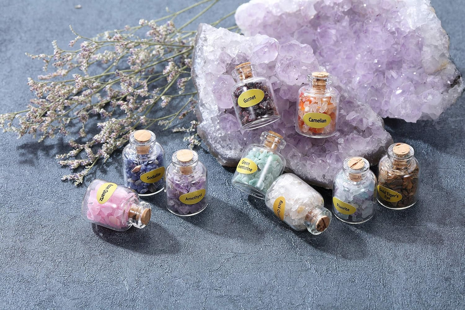 9 Mini Gemstone Bottles Chip Crystal Stones Healing Tumbled Gem Wishing Bottles Reiki Wicca Set for Home Decoration, Chakra Healing, Witchcraft Crystals