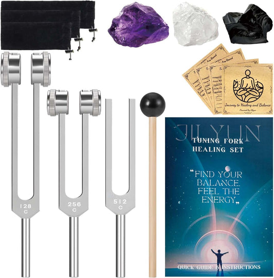 Tuning Forks for Healing (128Hz, 256Hz, 512Hz)- Weighted & Unweighted Sound Healing Instruments for Yoga, Meditation & Chakra Balancing - with Obsidian, Amethyst & Clear Quartz Crystals, Gift Box