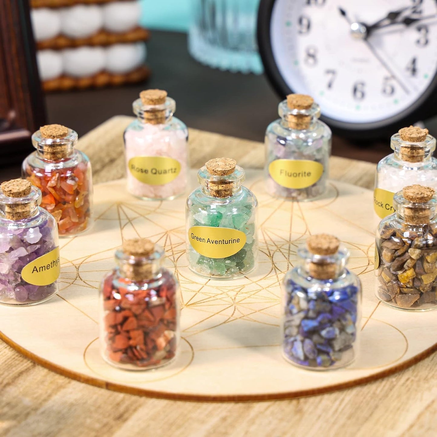 9 Mini Gemstone Bottles Chip Crystal Healing Tumbled Gem Reiki Wicca Stones Set