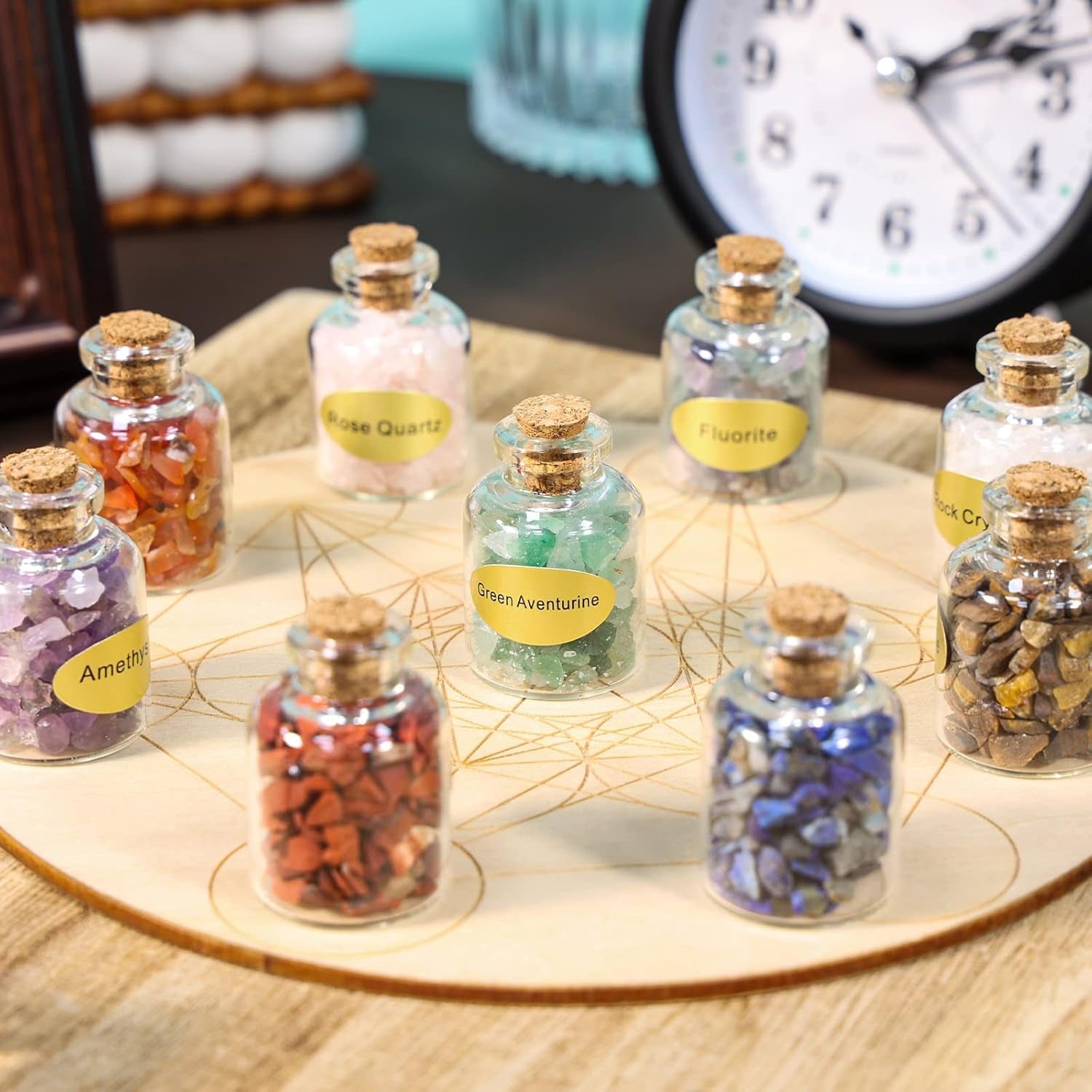 9 Mini Gemstone Bottles Chip Crystal Healing Tumbled Gem Reiki Wicca Stones Set