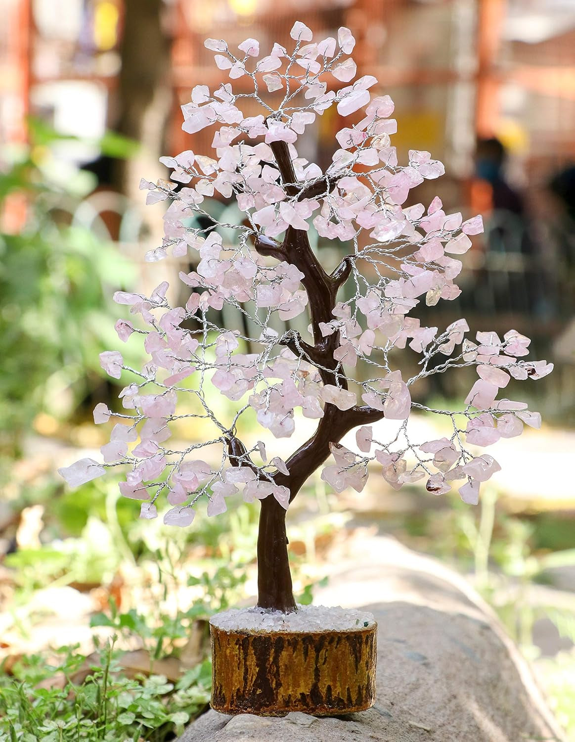 Rose Quartz Gemstone Tree Crystal of Life Prosperity Stone Feng Shui Tree Handmade Gift for Home Office Decorations Ornament Silver Wire 10-12 Inch