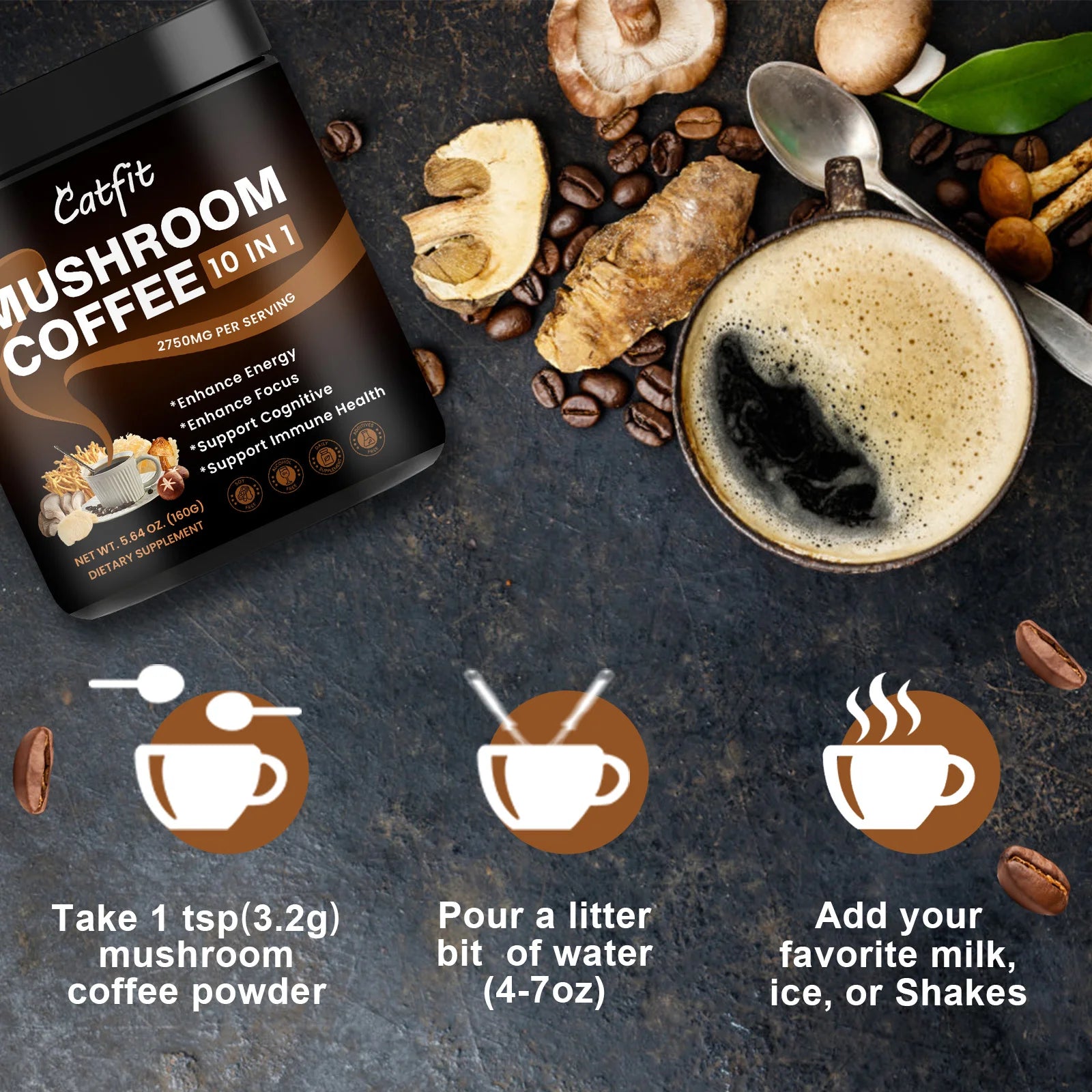 (2 Pack) Mushroom Coffee Powder 2750 Mg, 10-In-1 Mushroom Complex Supplement 160G (5.64 Oz), by