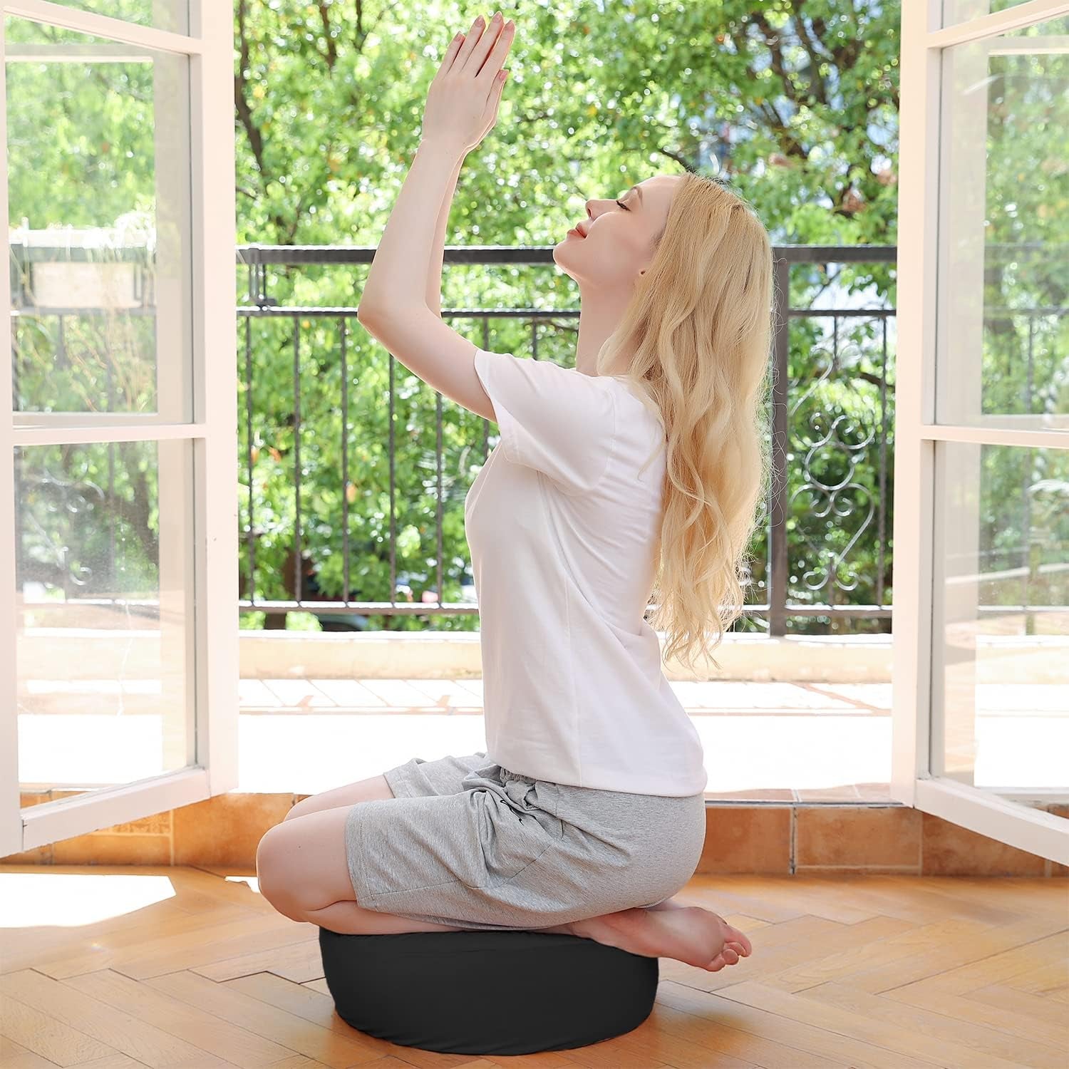 Meditation Cushion with Two Velvet Covers, 16 * 16 * 5.9 Inches, Filled with Buckwheat - round Yoga Bolster (Black)