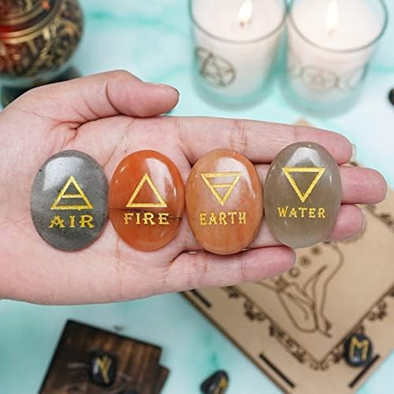 4 Elements Assorted Stones Engraved Triangle Symbols (Earth Air Fire Water) Polished Palm Stones for Gemstone Reiki Crystals Healing