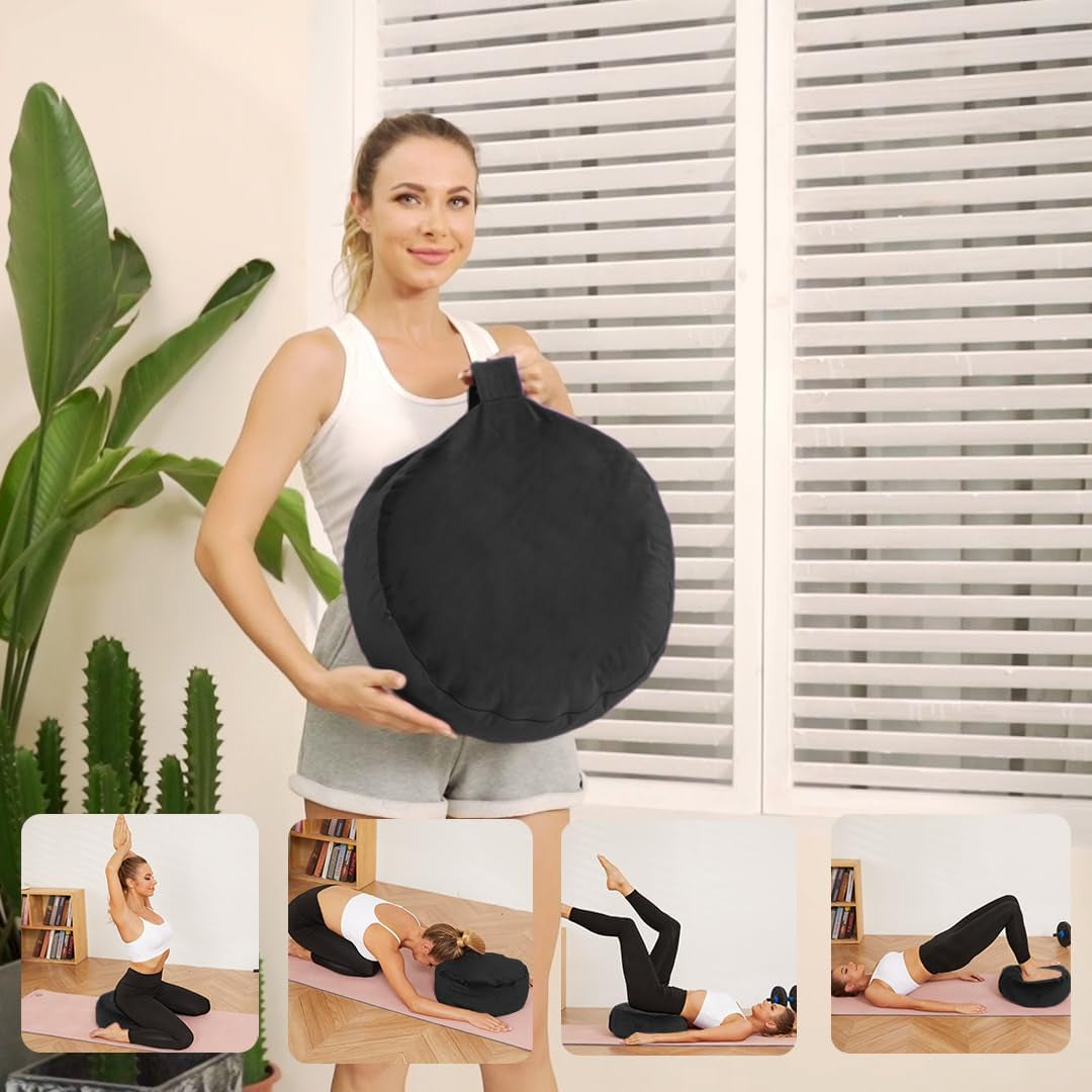 Meditation Cushion with Two Velvet Covers, 16 * 16 * 5.9 Inches, Filled with Buckwheat - round Yoga Bolster (Black)