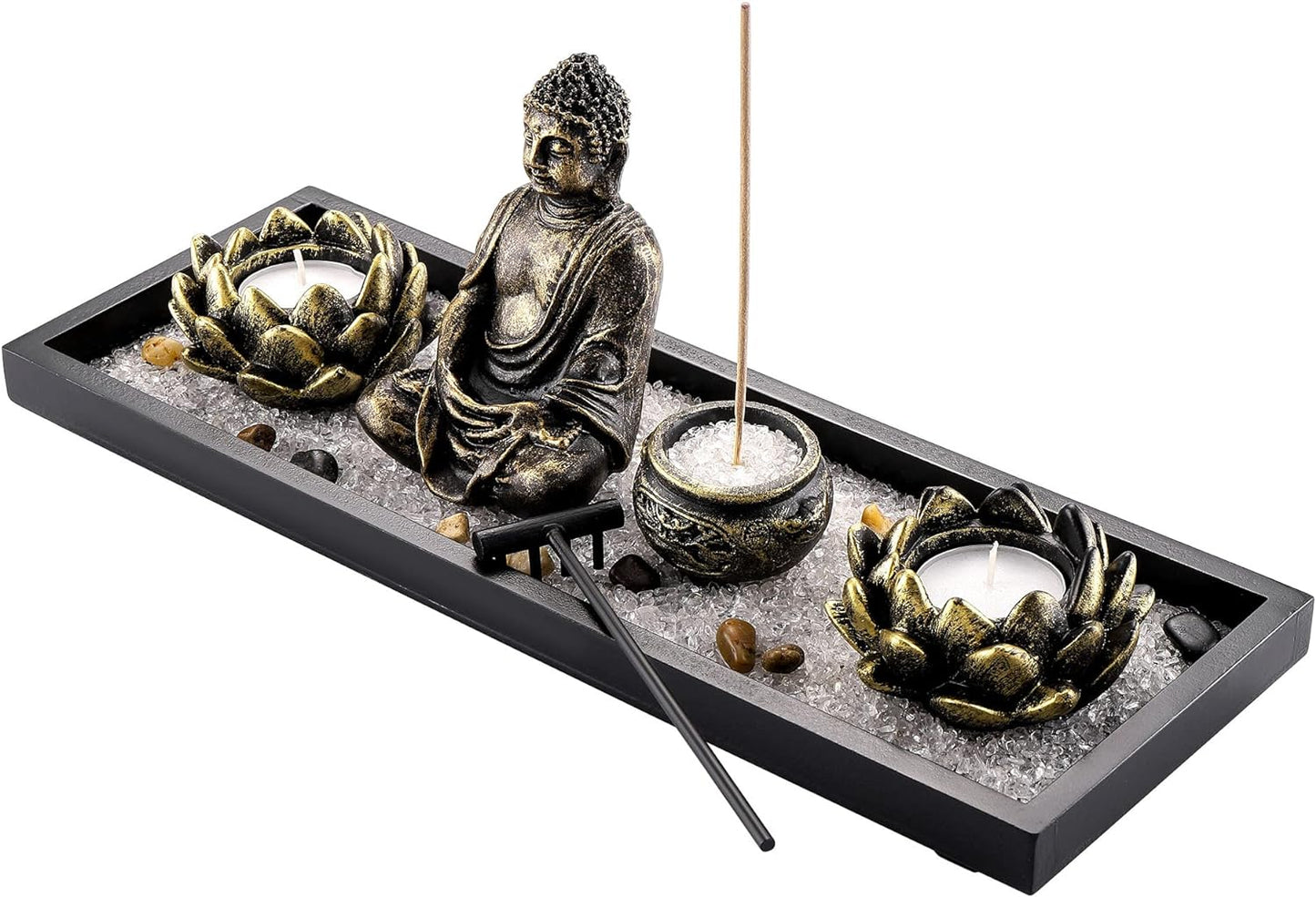 Meditation Zen Garden Set with Buddha Satue, Lotus Tea Light Candle Holder, Incense Burner Holder Tabletop Zen Garden Gift for Home Decor