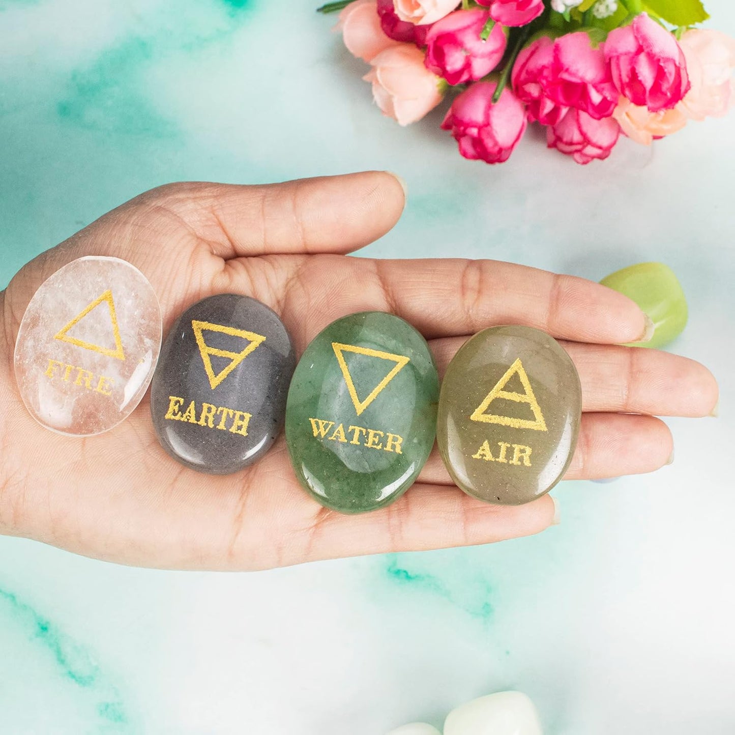 4 Elements Assorted Stones Engraved Triangle Symbols (Earth Air Fire Water) Polished Palm Stones for Gemstone Reiki Crystals Healing