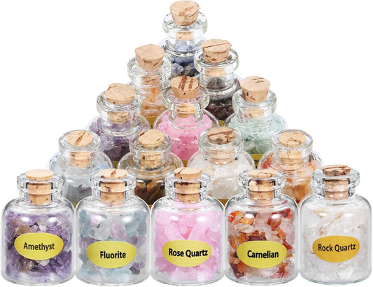 9 Mini Gemstone Bottles Chip Crystal Stones Healing Tumbled Gem Wishing Bottles Reiki Wicca Set for Home Decoration, Chakra Healing, Witchcraft Crystals