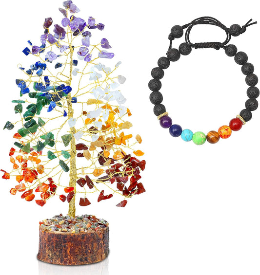 7 Chakra Gemstone Tree with 7 Chakra Bracelet Reaiki Healing Crystal Bonsai Feng Shui Healing Meditation Chakras Crystals Love Chakra Gift Set Home & Office Decor