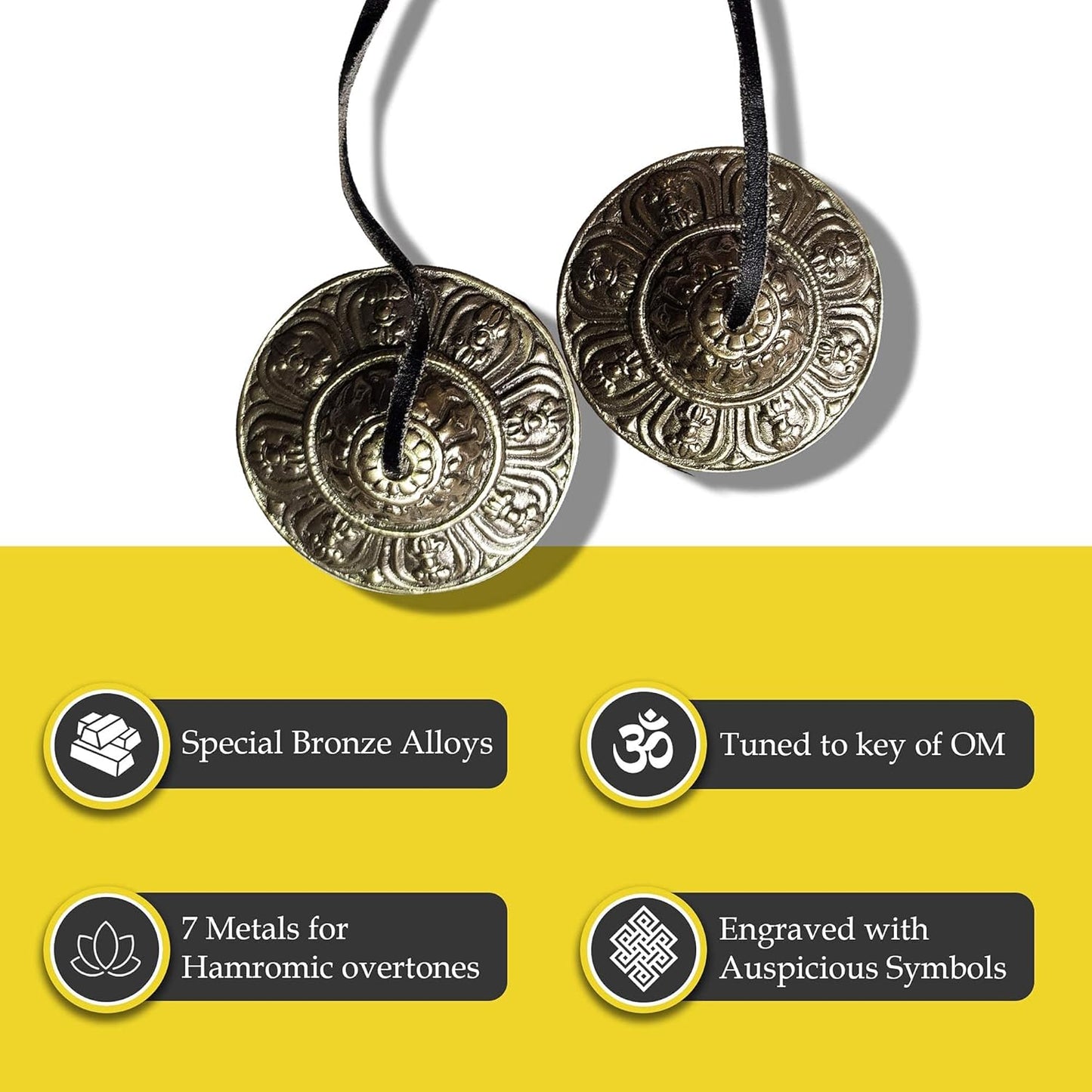 Tingsha Cymbals Tibetan Lucky Symbol Embossed Meditation Yoga Bell Chimes (Medium, Silver Vajra Symbol)