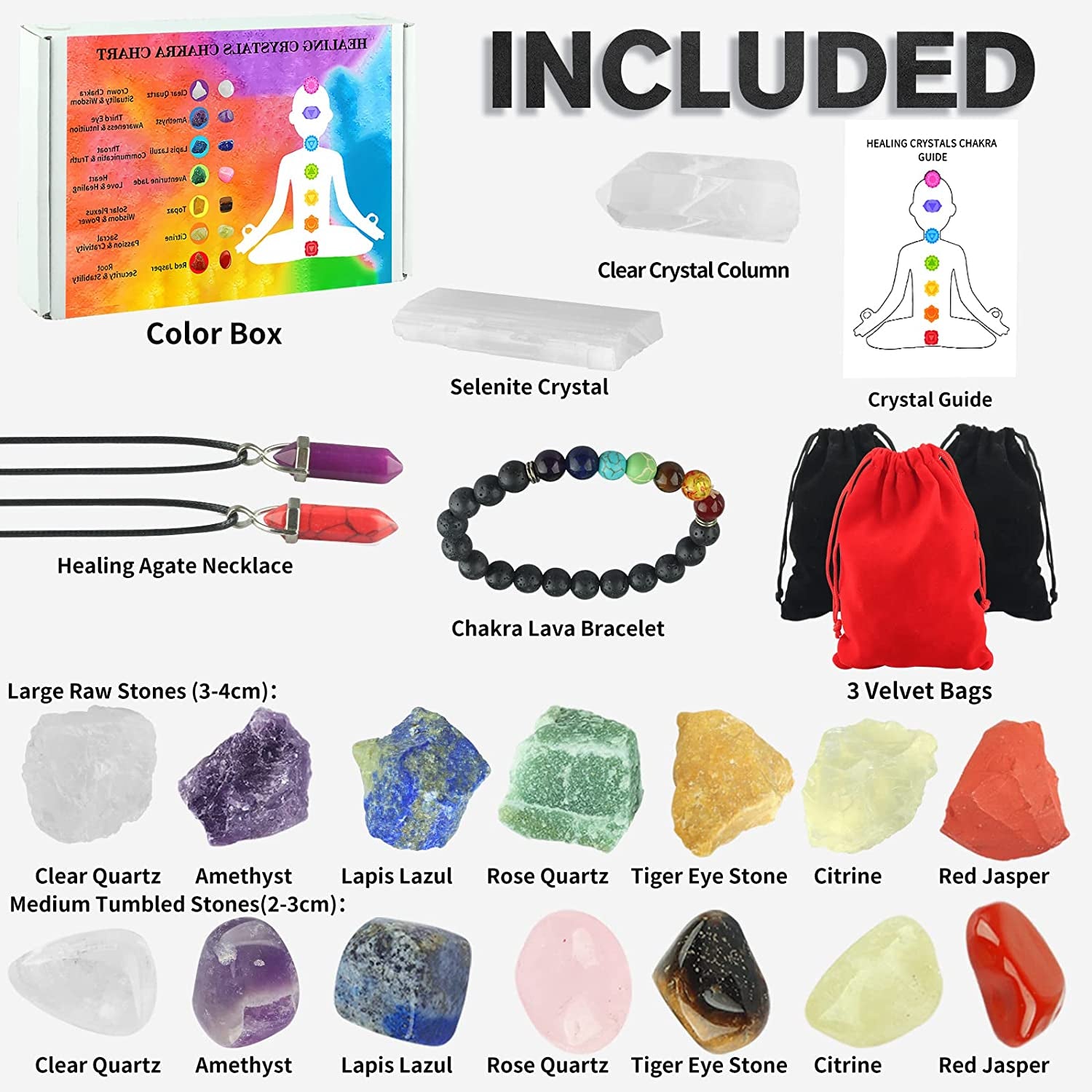 19Pcs Healing Crystals Stones Set Real Energy Crystals for Beginners, 7 Raw and 7 Tumbled Spiritual Chakra Stones, 1 Selenite Crystal, 1 Clear Crystal Column, 1 Lava Bracelet, 2 Agate Necklace