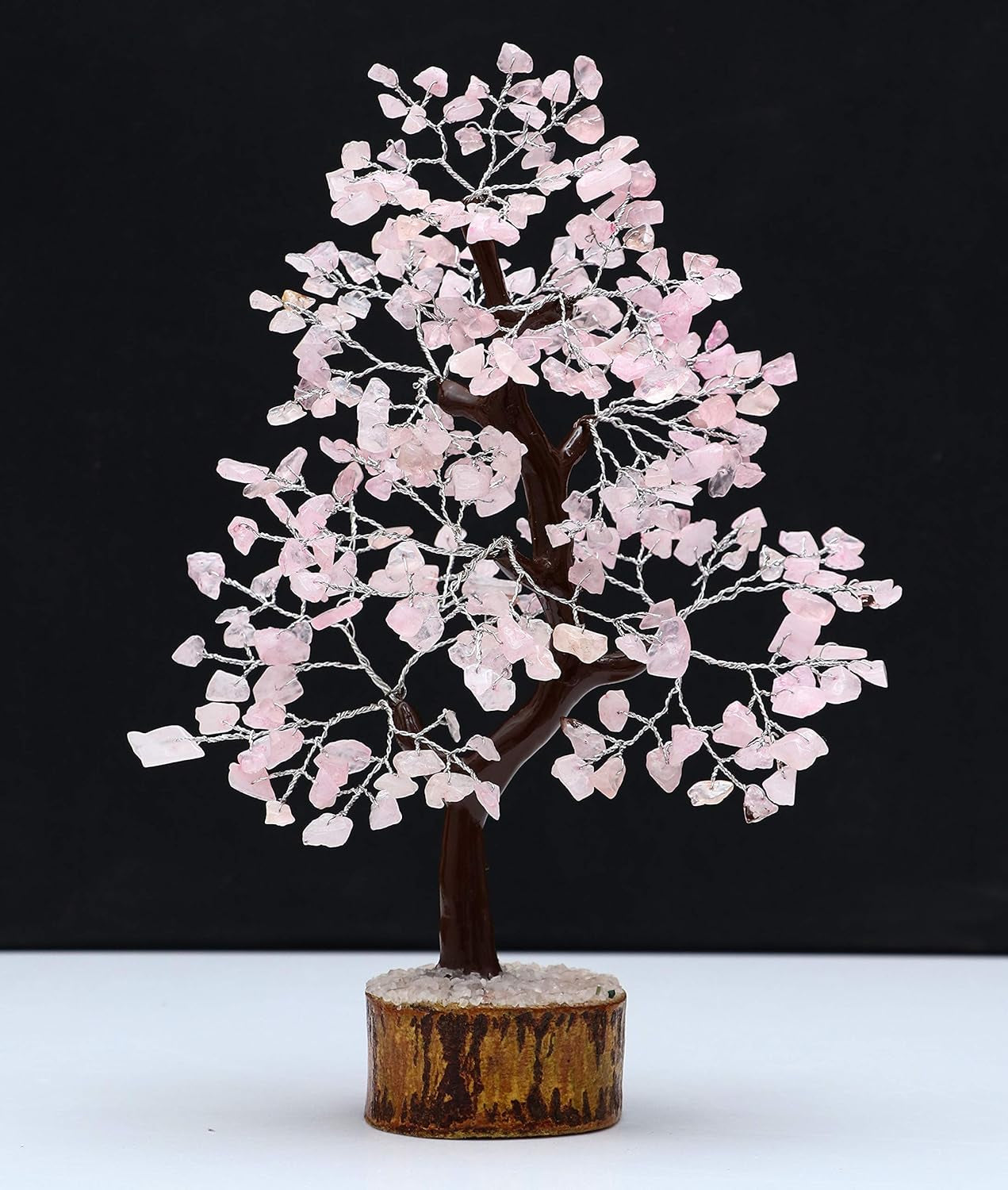 Rose Quartz Gemstone Tree Crystal of Life Prosperity Stone Feng Shui Tree Handmade Gift for Home Office Decorations Ornament Silver Wire 10-12 Inch