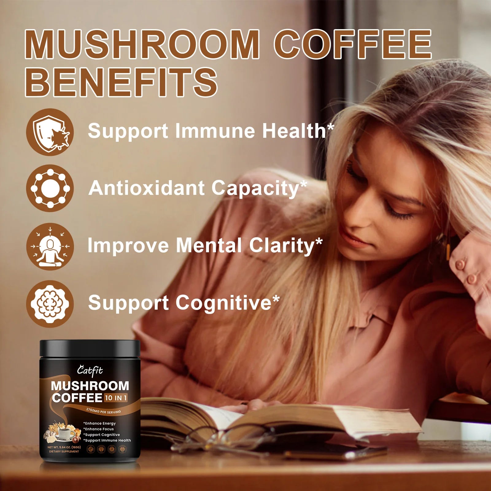 (2 Pack) Mushroom Coffee Powder 2750 Mg, 10-In-1 Mushroom Complex Supplement 160G (5.64 Oz), by