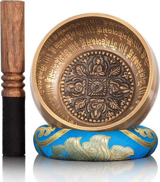 Tibetan Singing Bowl Set — with Striker, Ring Silk Cushion for Meditation, Healing, Yoga, Chakra and Music Handcrafted in Nepal — 4 Buddha Design Turquoise