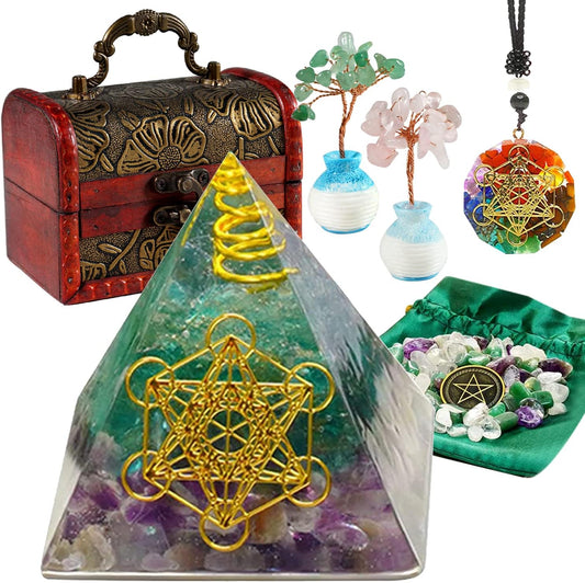 7Pcs Orgone Pyramid Sets for Reducig Stress Healing Meditation Attract Wealth Luck- Includes Protection Crystals Pyramid Energy Generator, Healing Crystal Stones, 7 Chakra Necklace and Money Trees Etc