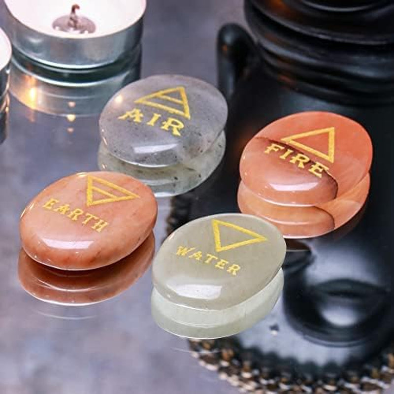 4 Elements Assorted Stones Engraved Triangle Symbols (Earth Air Fire Water) Polished Palm Stones for Gemstone Reiki Crystals Healing