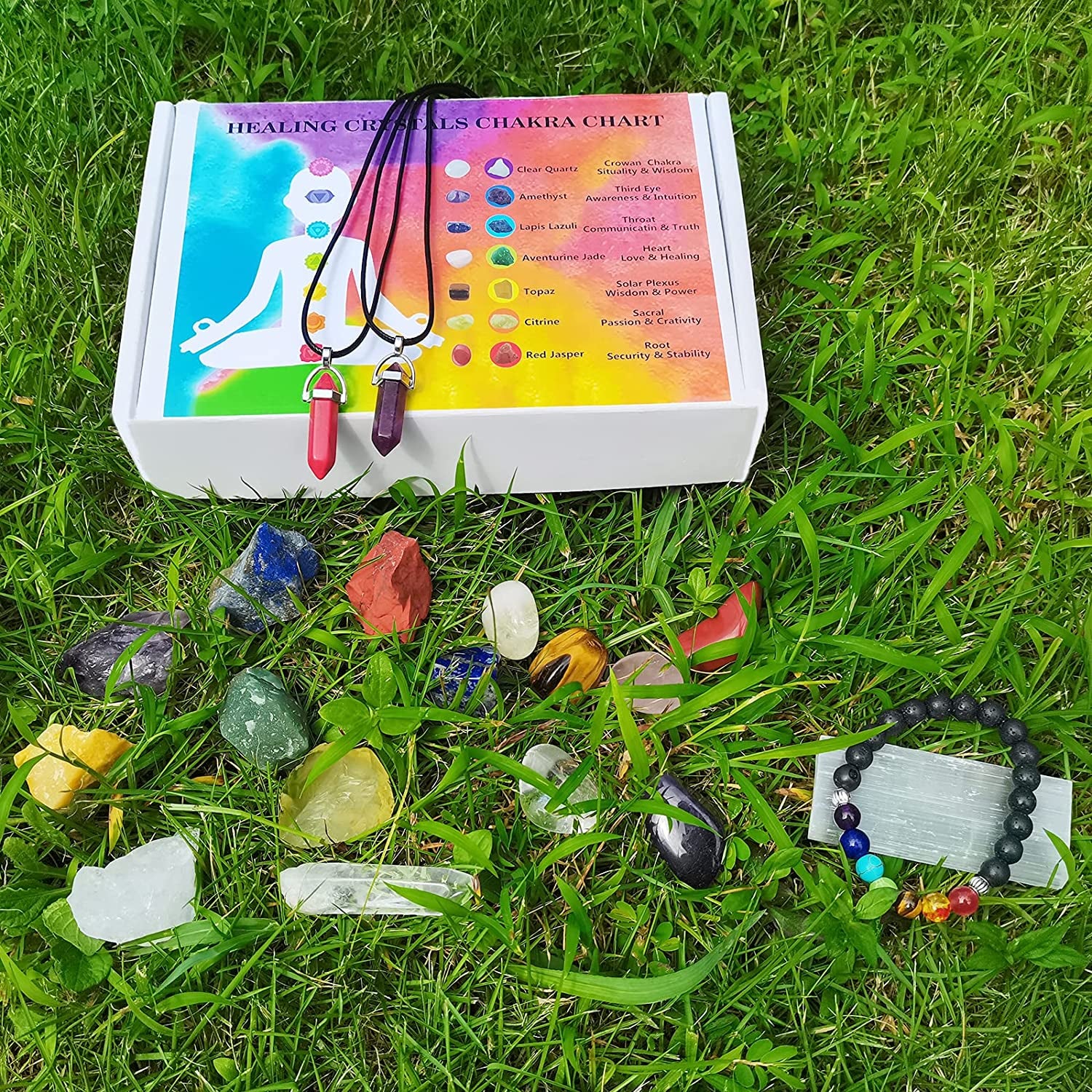 19Pcs Healing Crystals Stones Set Real Energy Crystals for Beginners, 7 Raw and 7 Tumbled Spiritual Chakra Stones, 1 Selenite Crystal, 1 Clear Crystal Column, 1 Lava Bracelet, 2 Agate Necklace