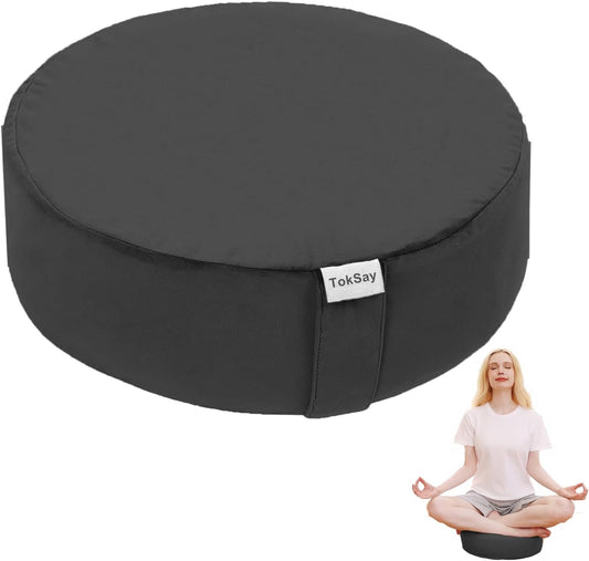 Meditation Cushion with Two Velvet Covers, 16 * 16 * 5.9 Inches, Filled with Buckwheat - round Yoga Bolster (Black)